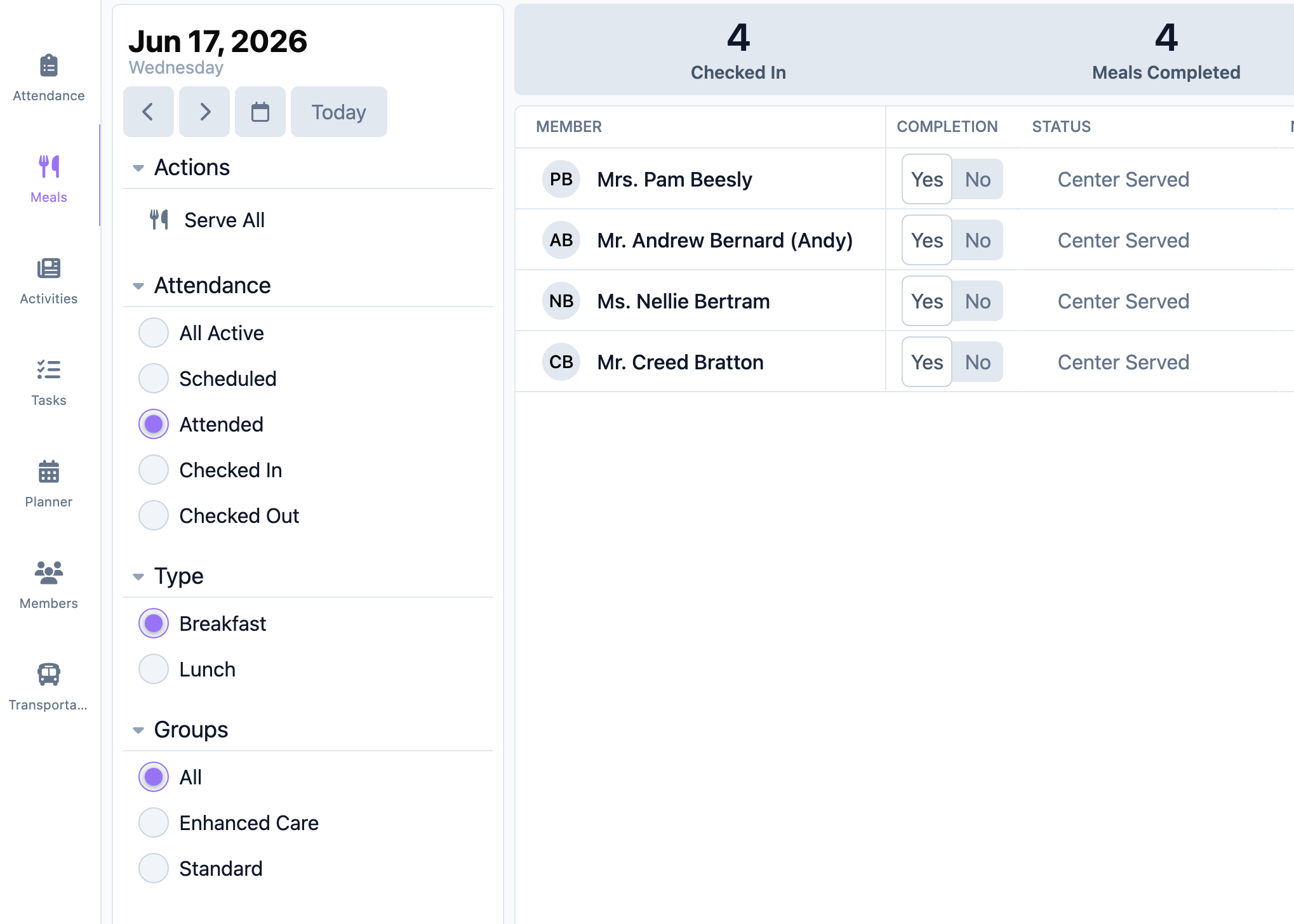 Meals filters with the meal Type selector