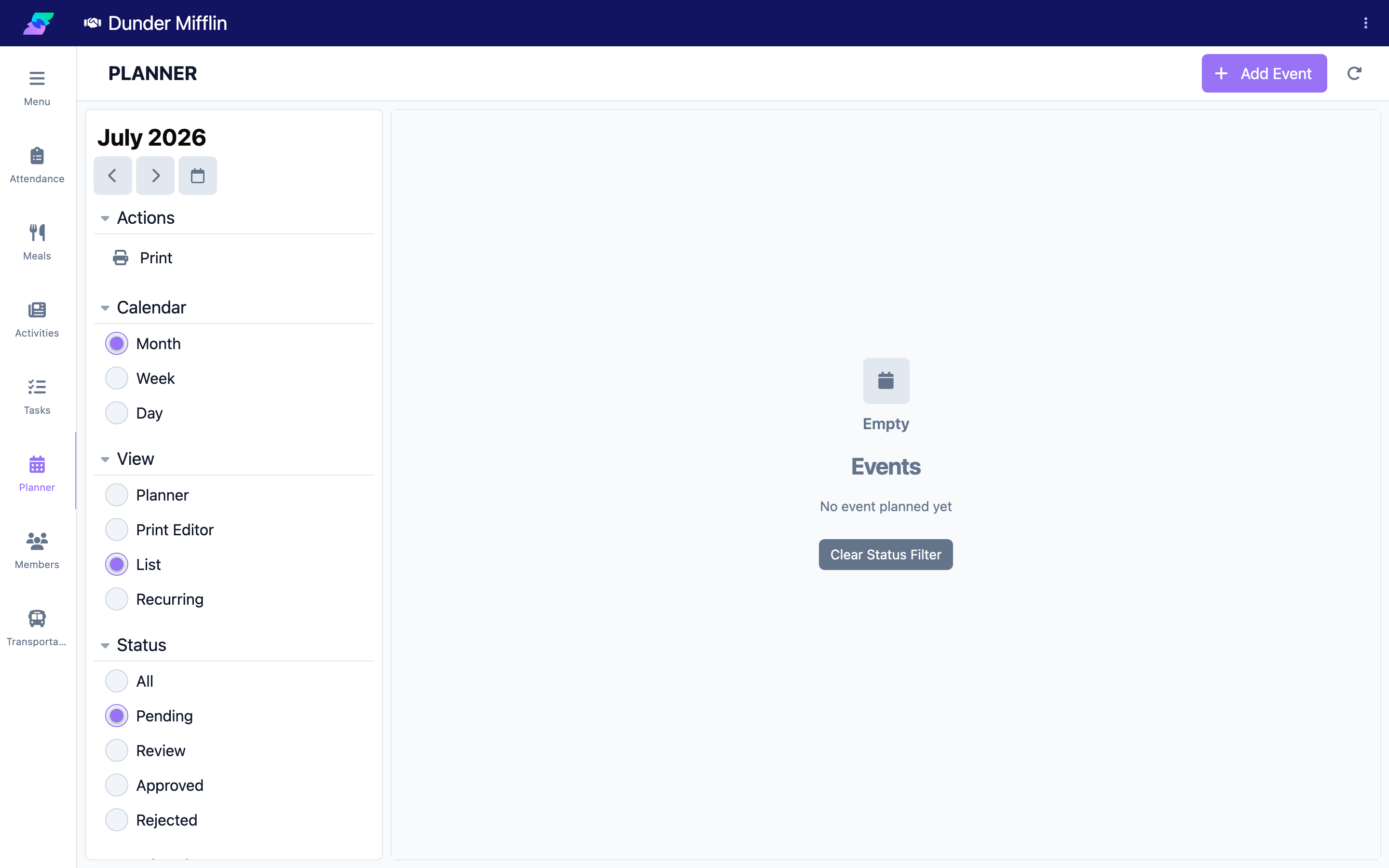 Status filter set to Pending