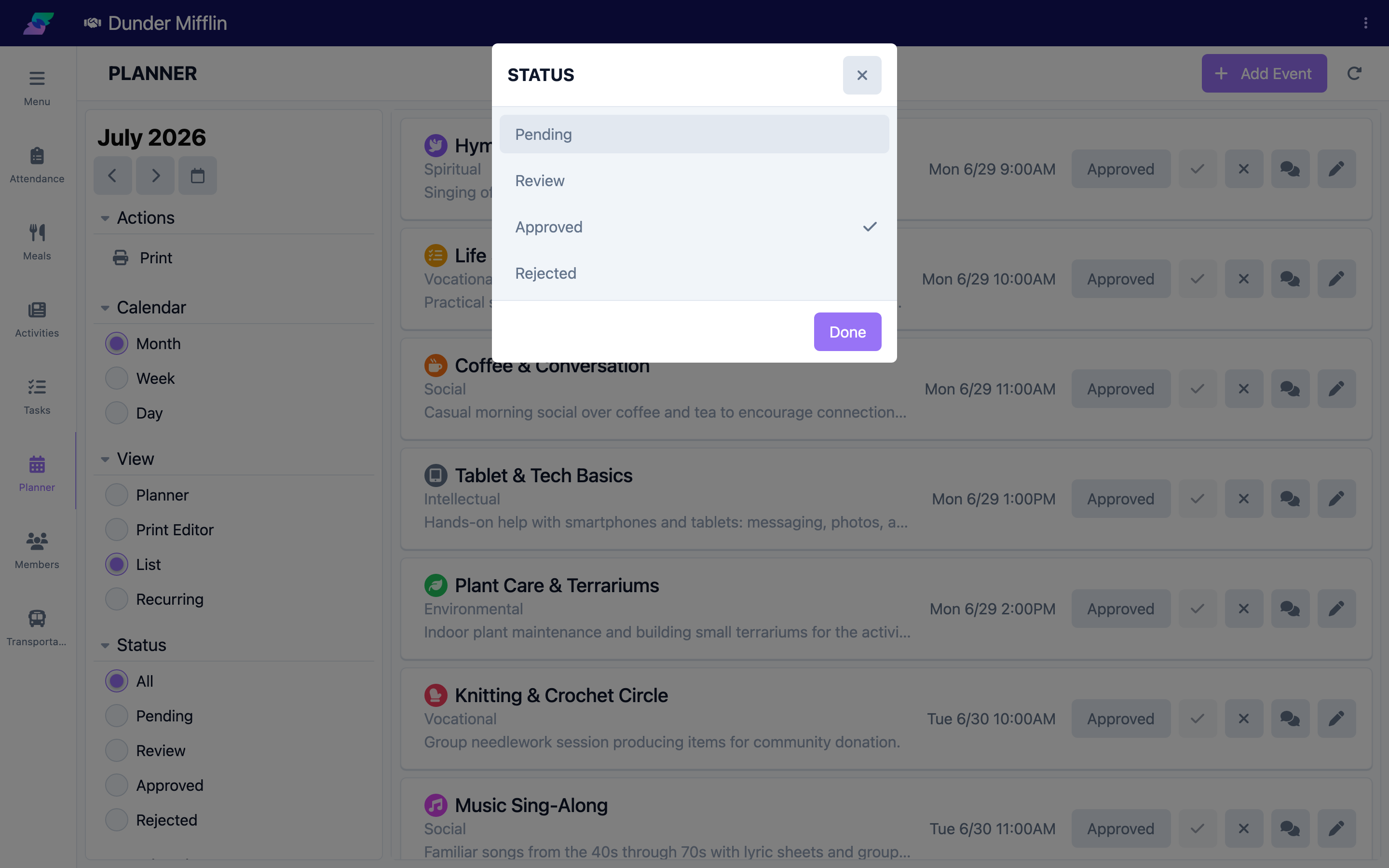 Event status menu with all options