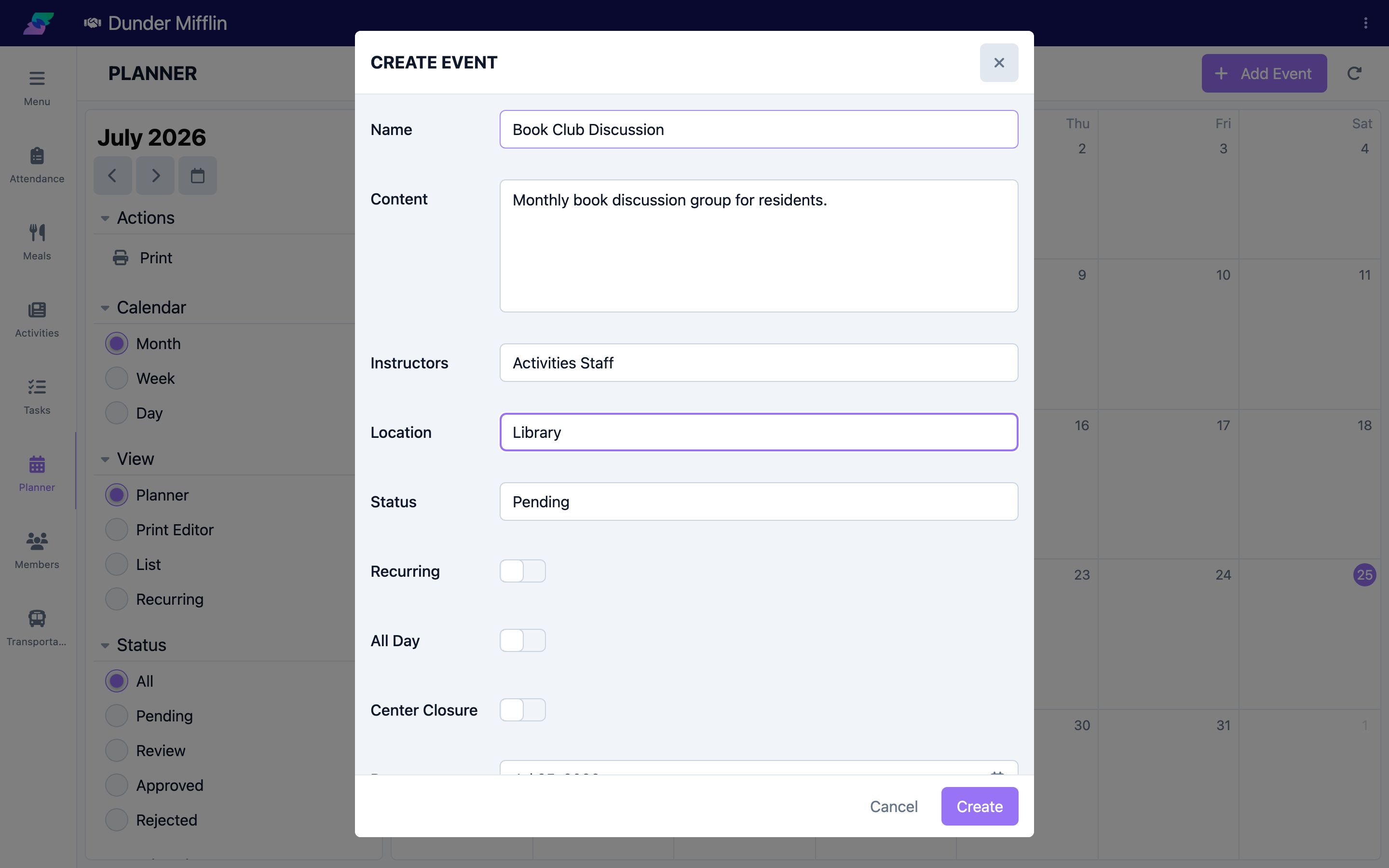 Event form with name, content, instructors, location, and status