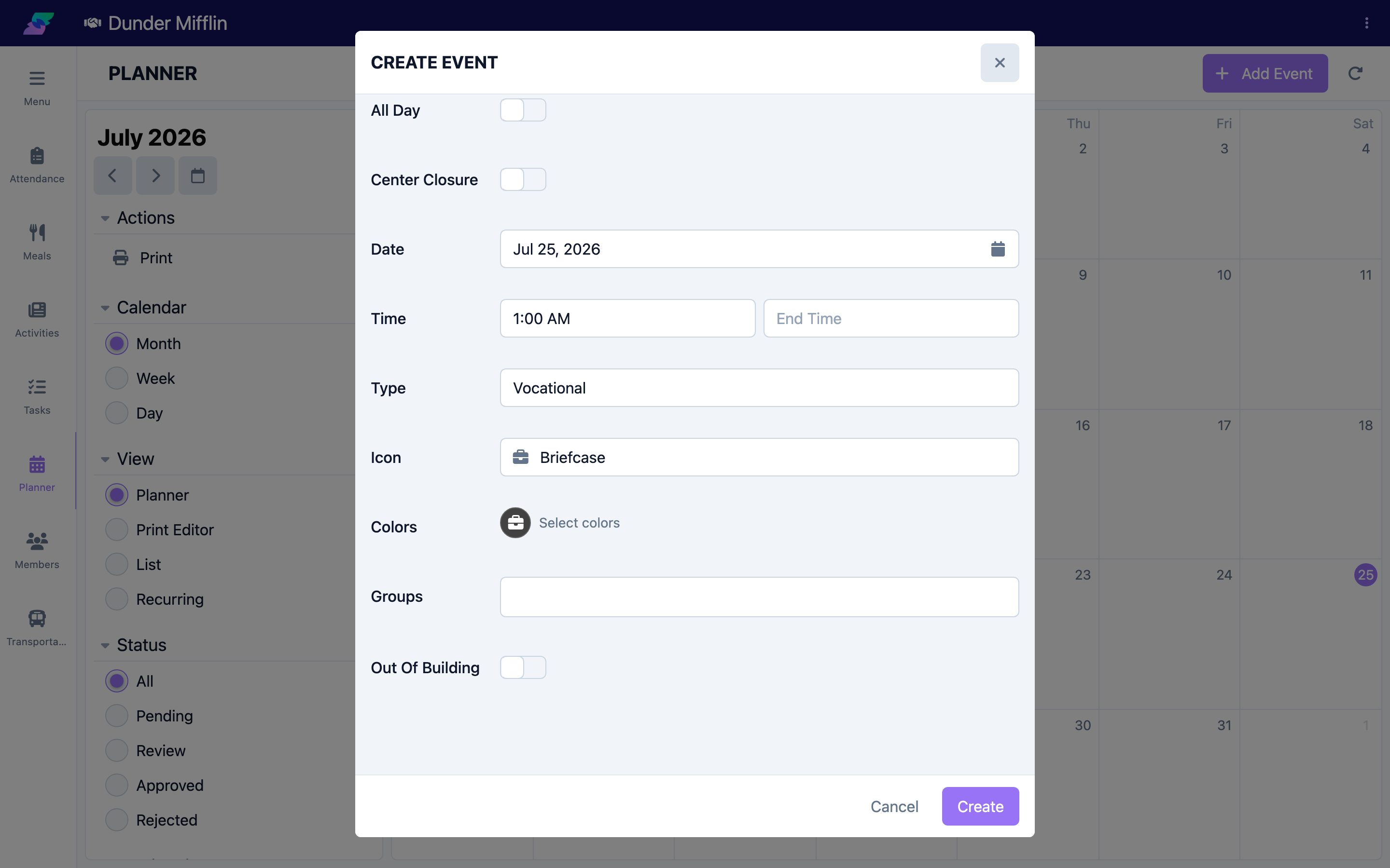 Event form with dates, times, type, and groups