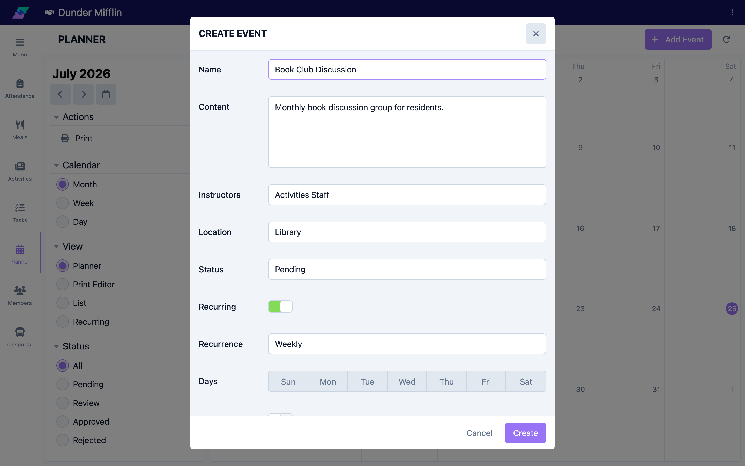 Event form recurring options