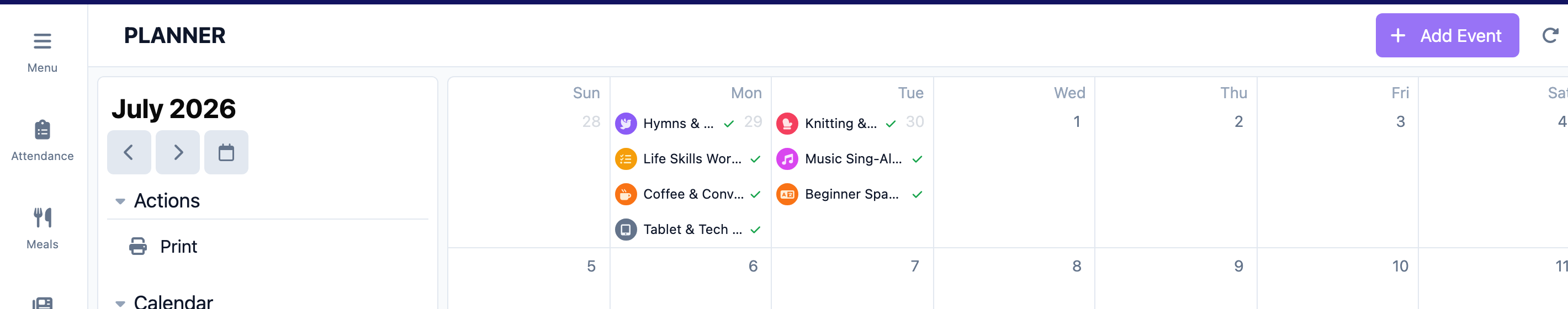 Planner action bar with Add Event and Print