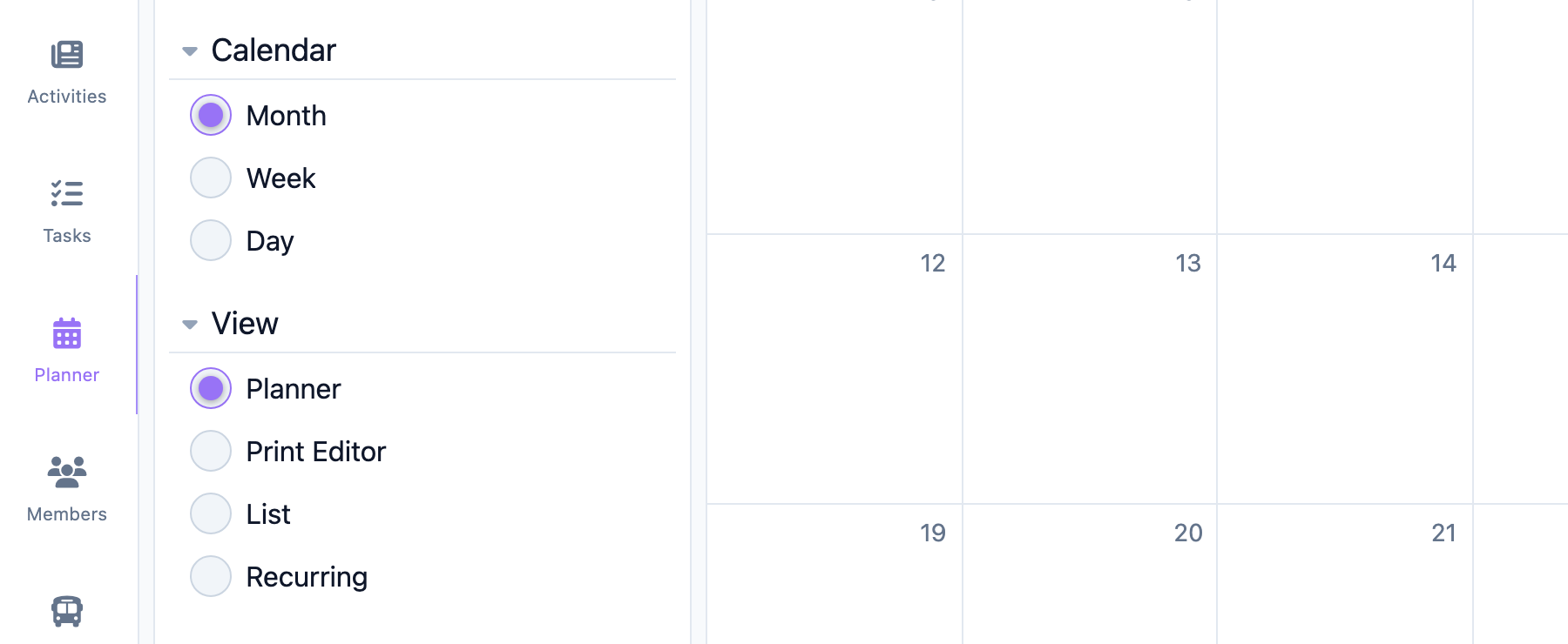 Planner Calendar and View selectors