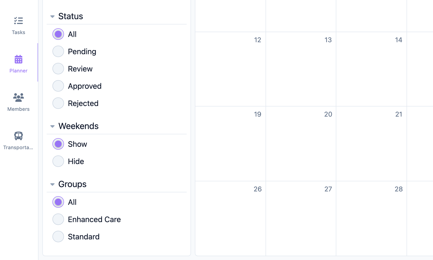 Planner Status, Weekends, and Groups filters