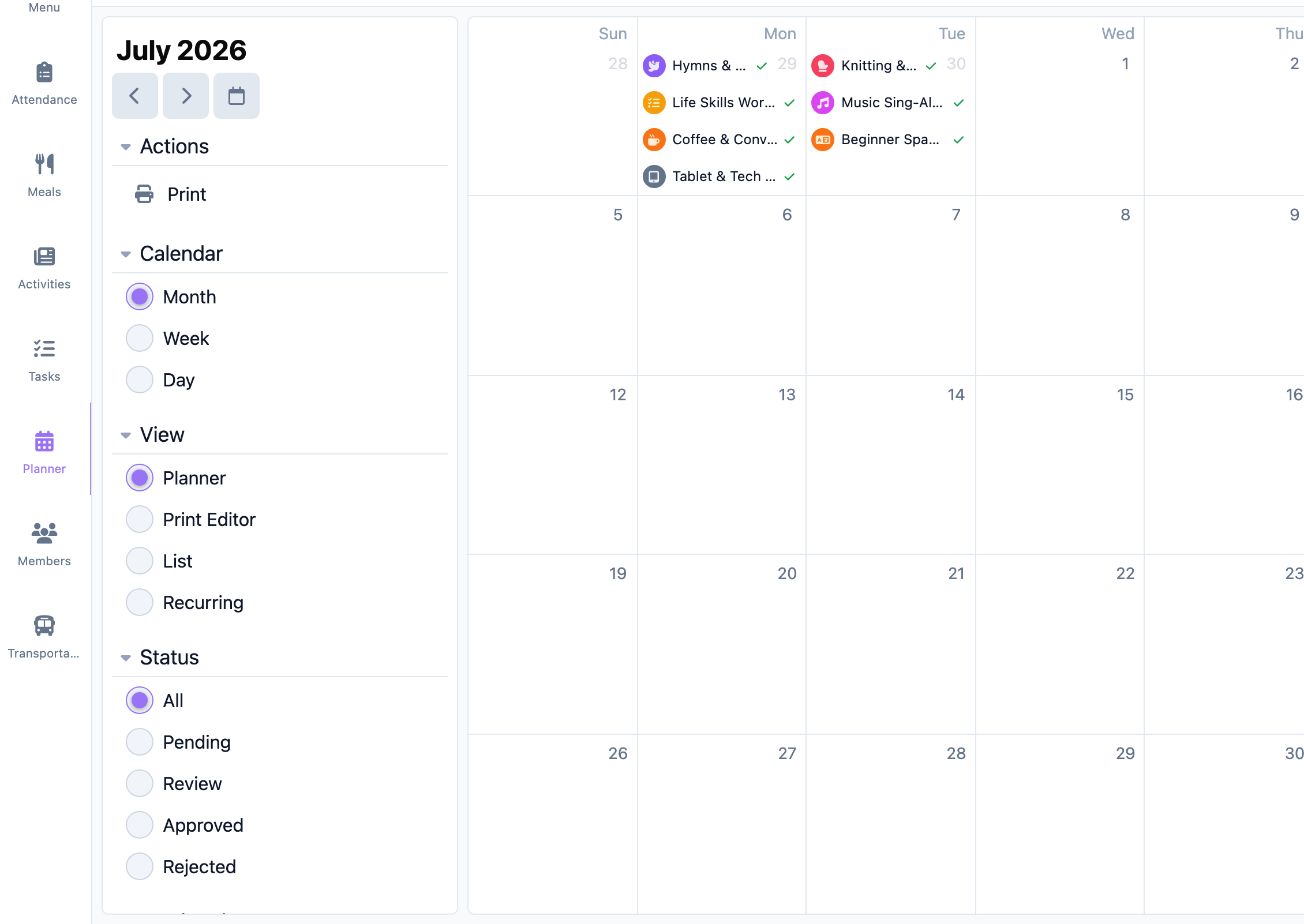 Planner Calendar selector with Month, Week, and Day