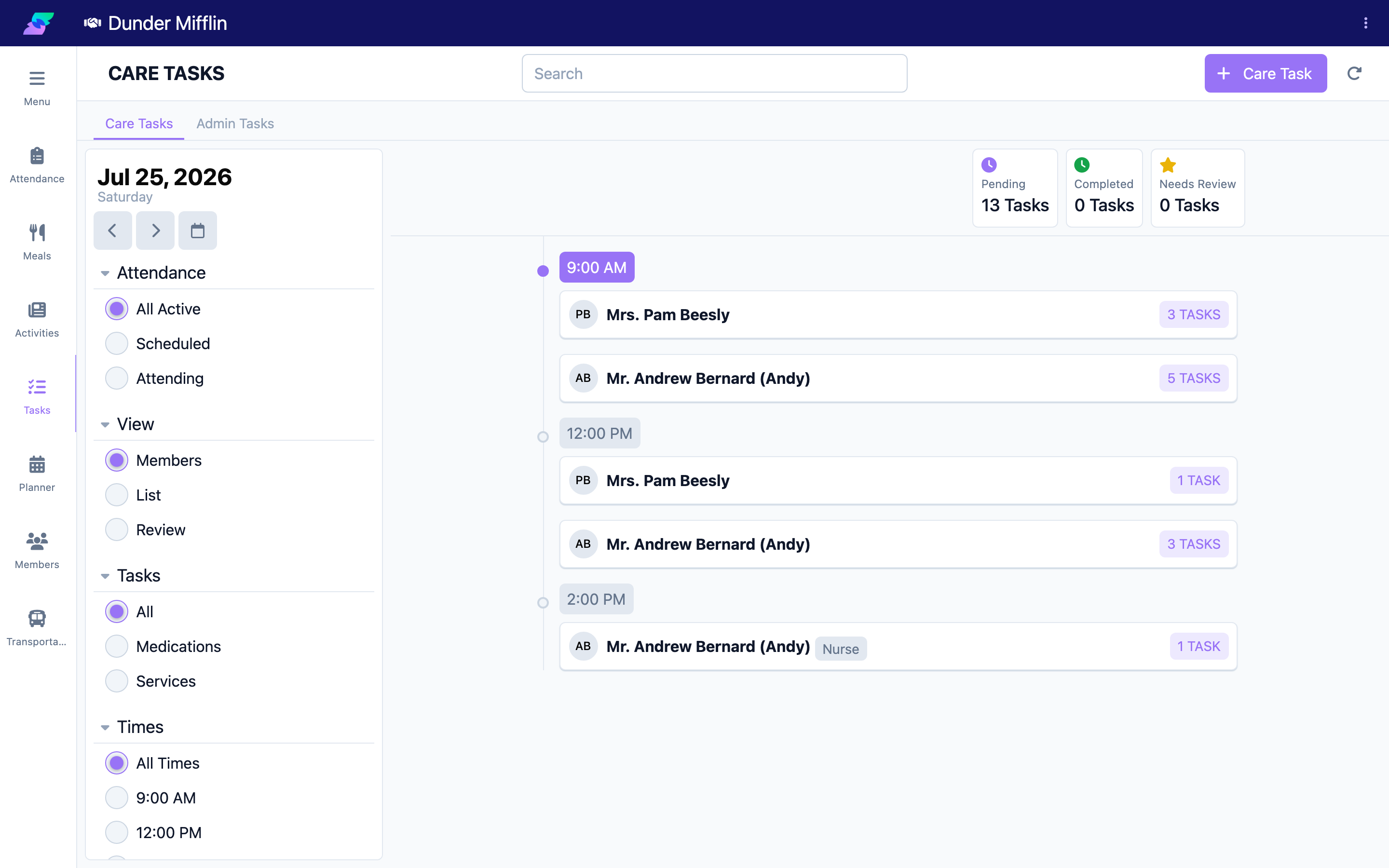 Tasks page with Care Tasks and Admin Tasks tabs
