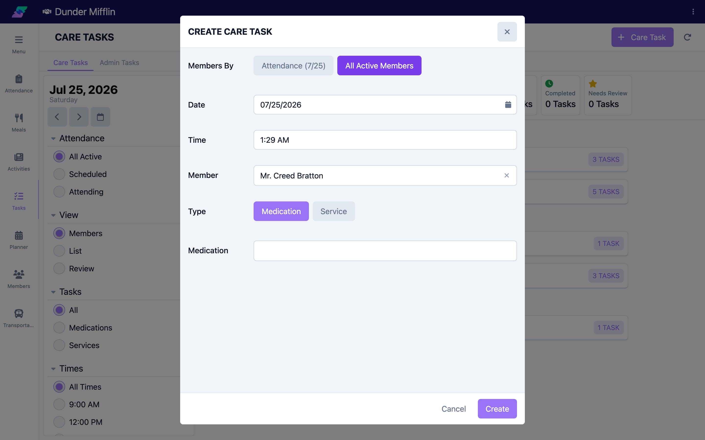 Care Task form with member, date, and time