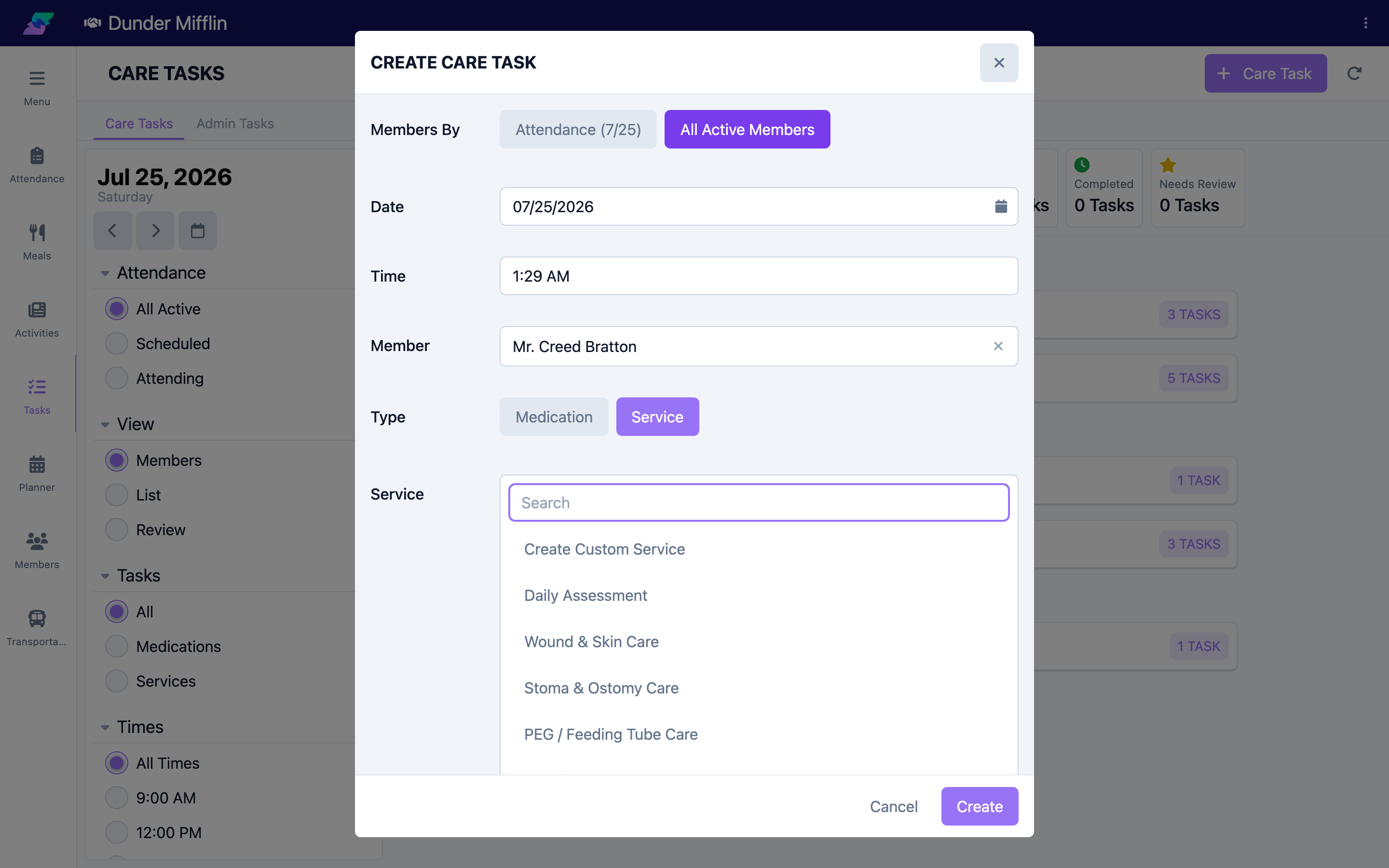 Care Task type selection with medication or service