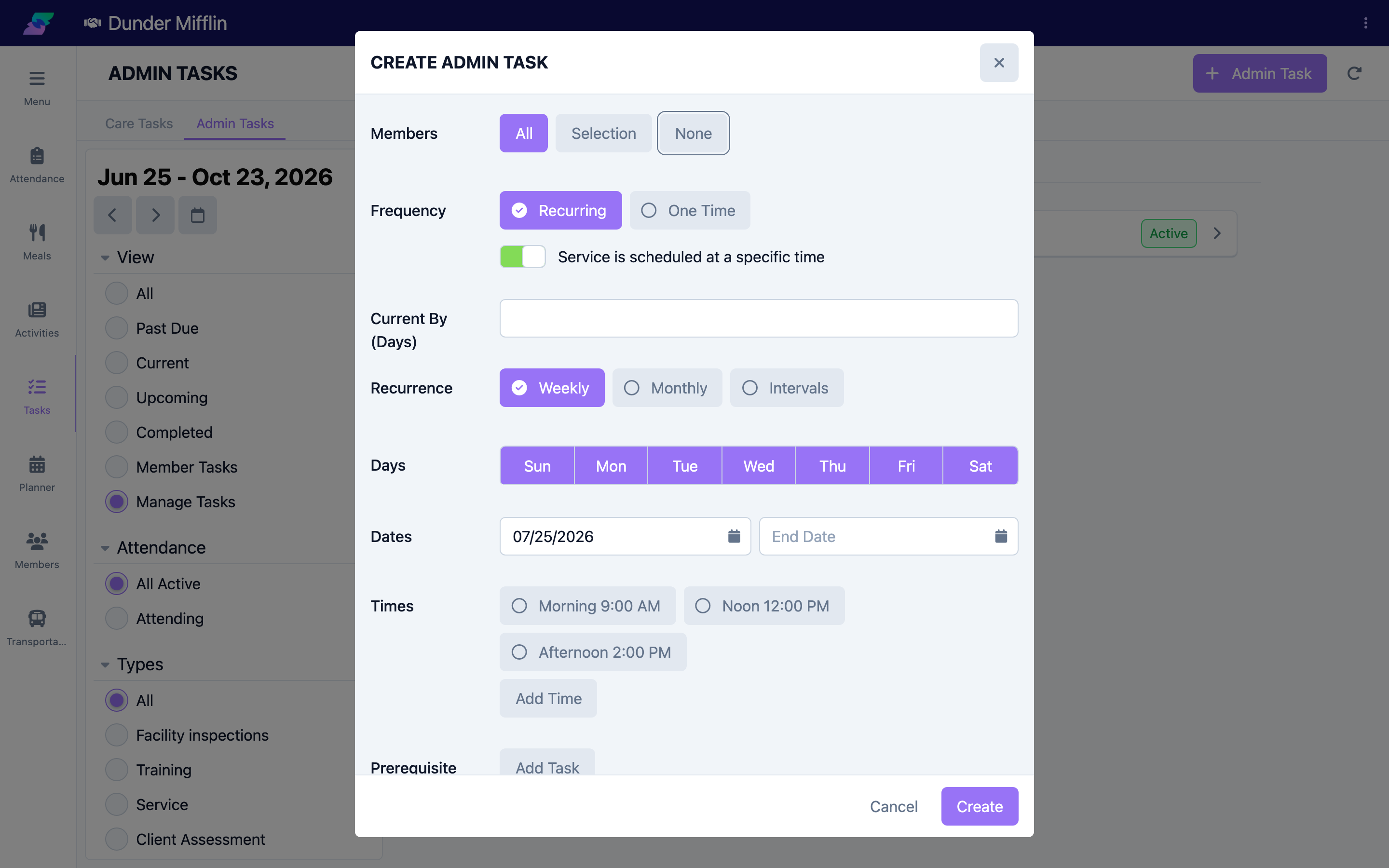 Admin Task members and schedule