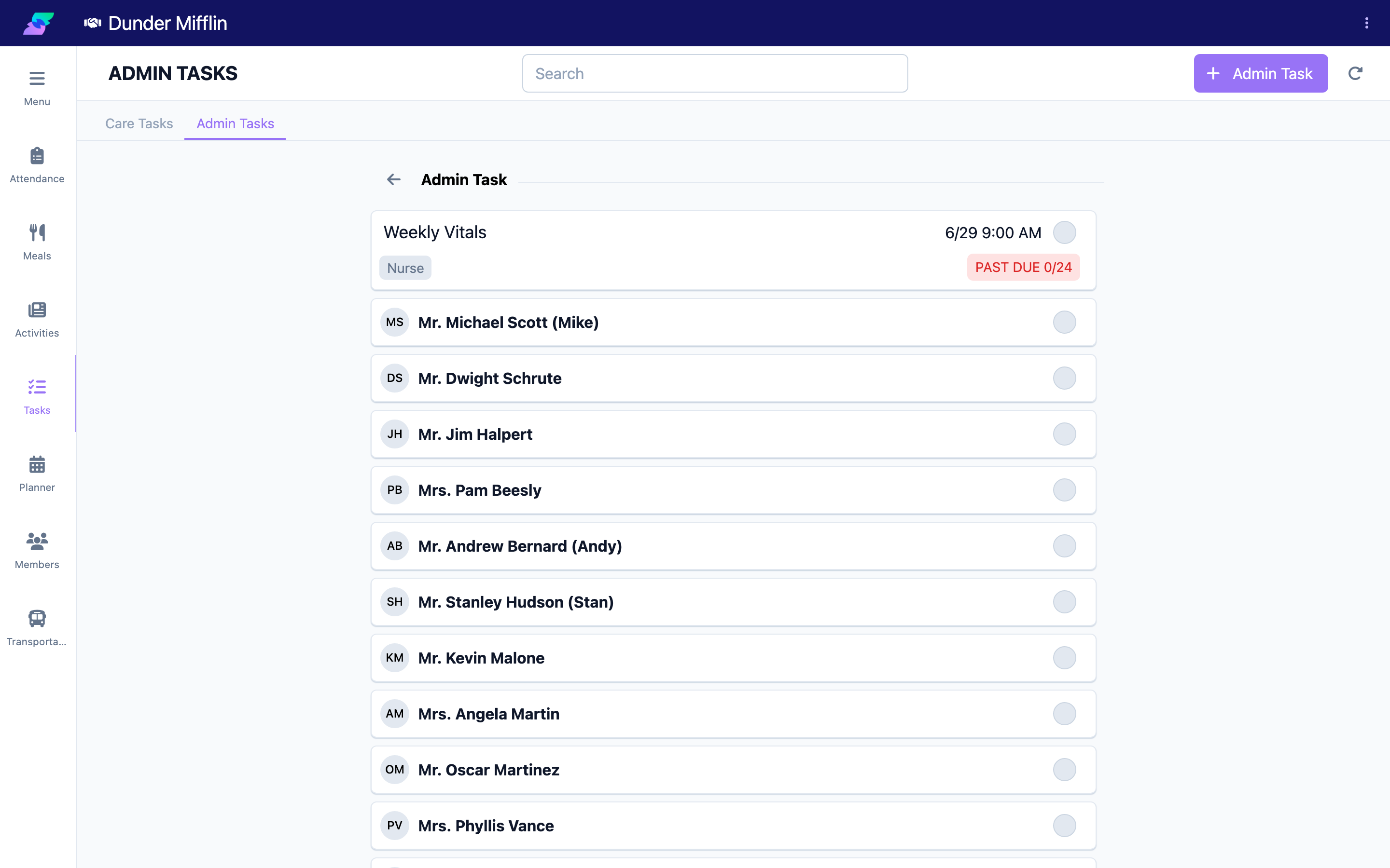 Admin task instances on the Admin Tasks tab