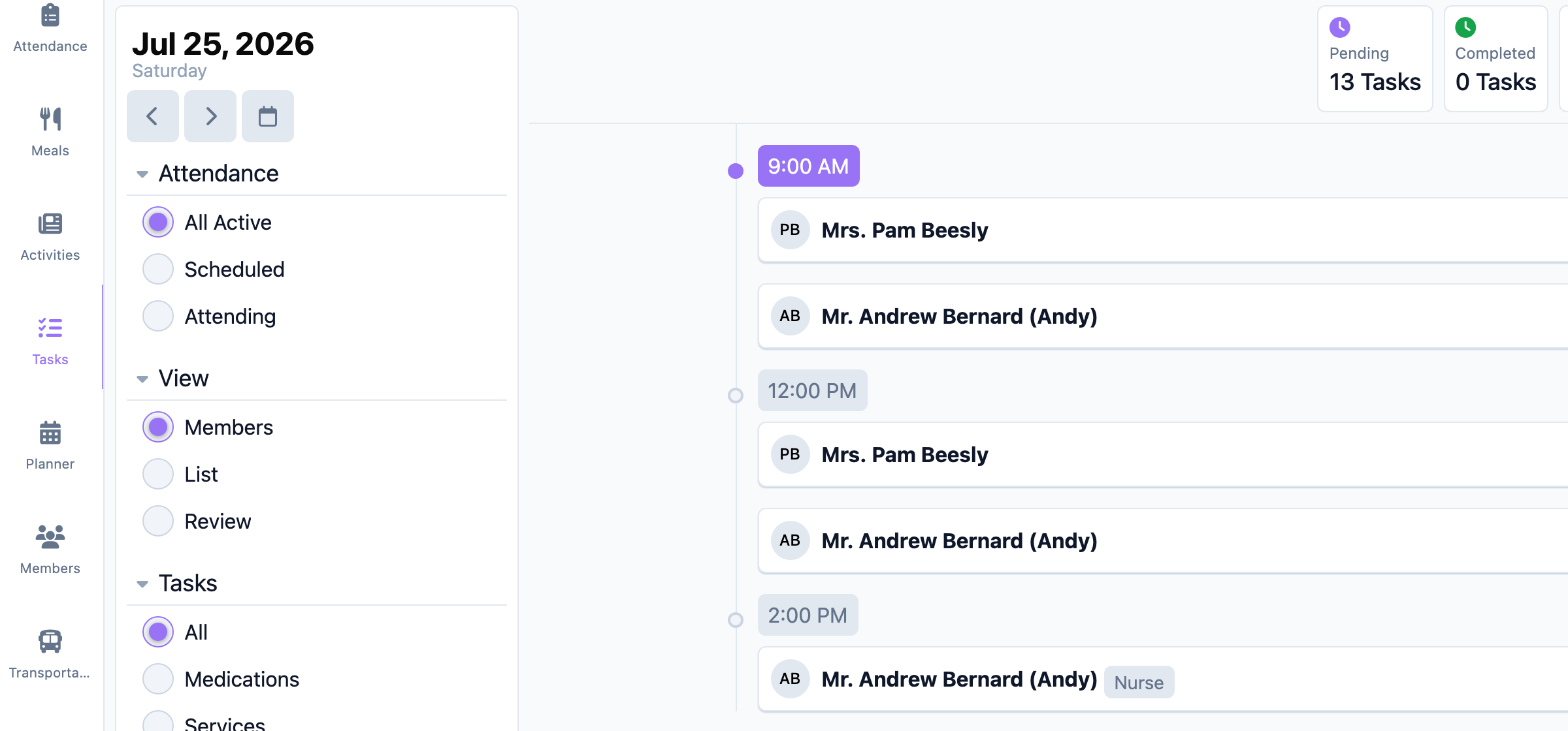 Care Tasks filters