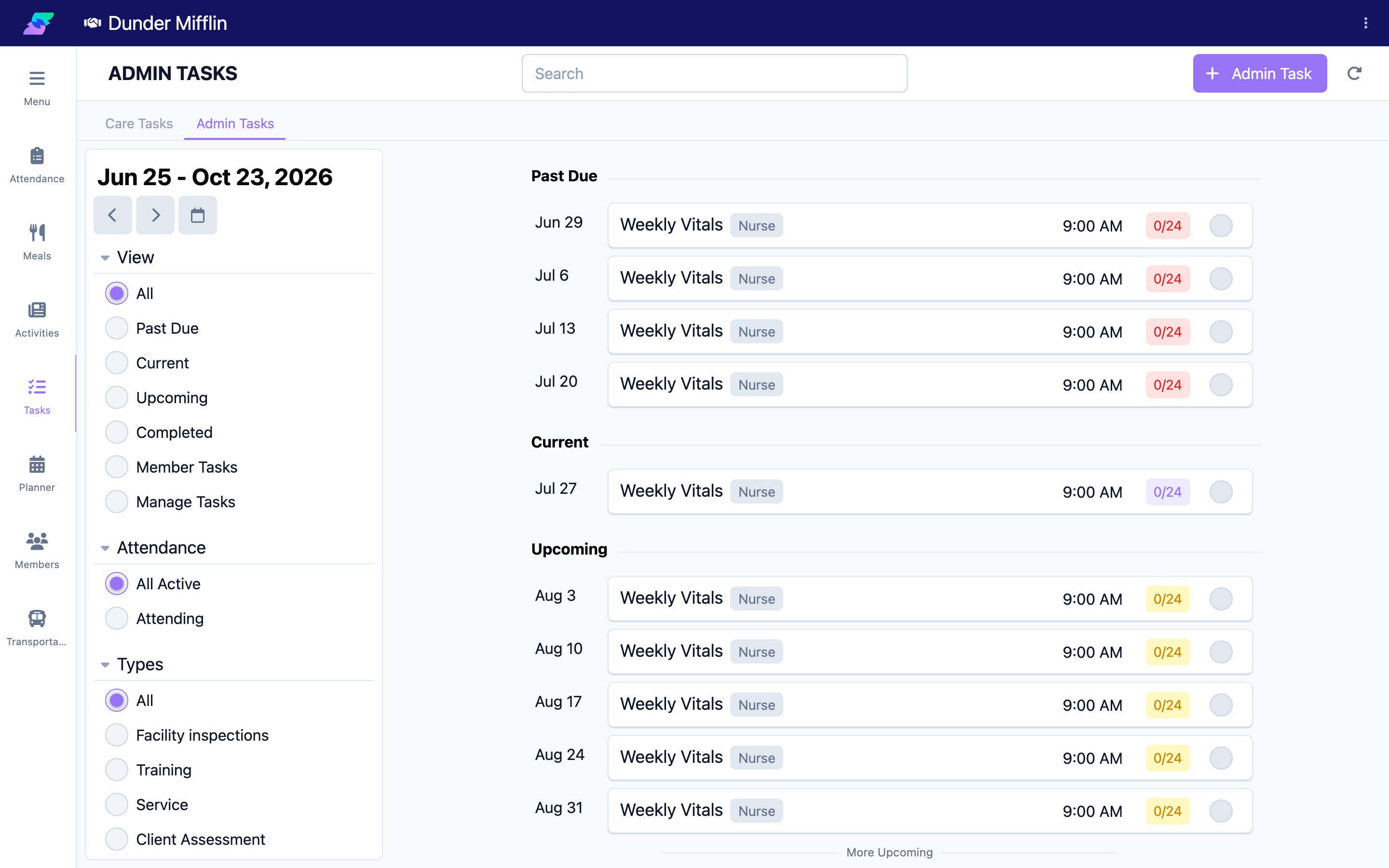 Admin Tasks tab