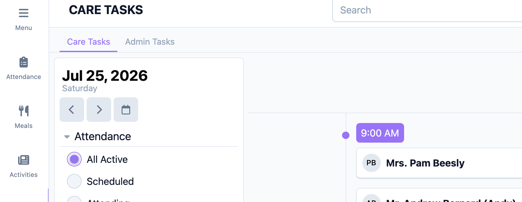 Care Tasks tab with the date