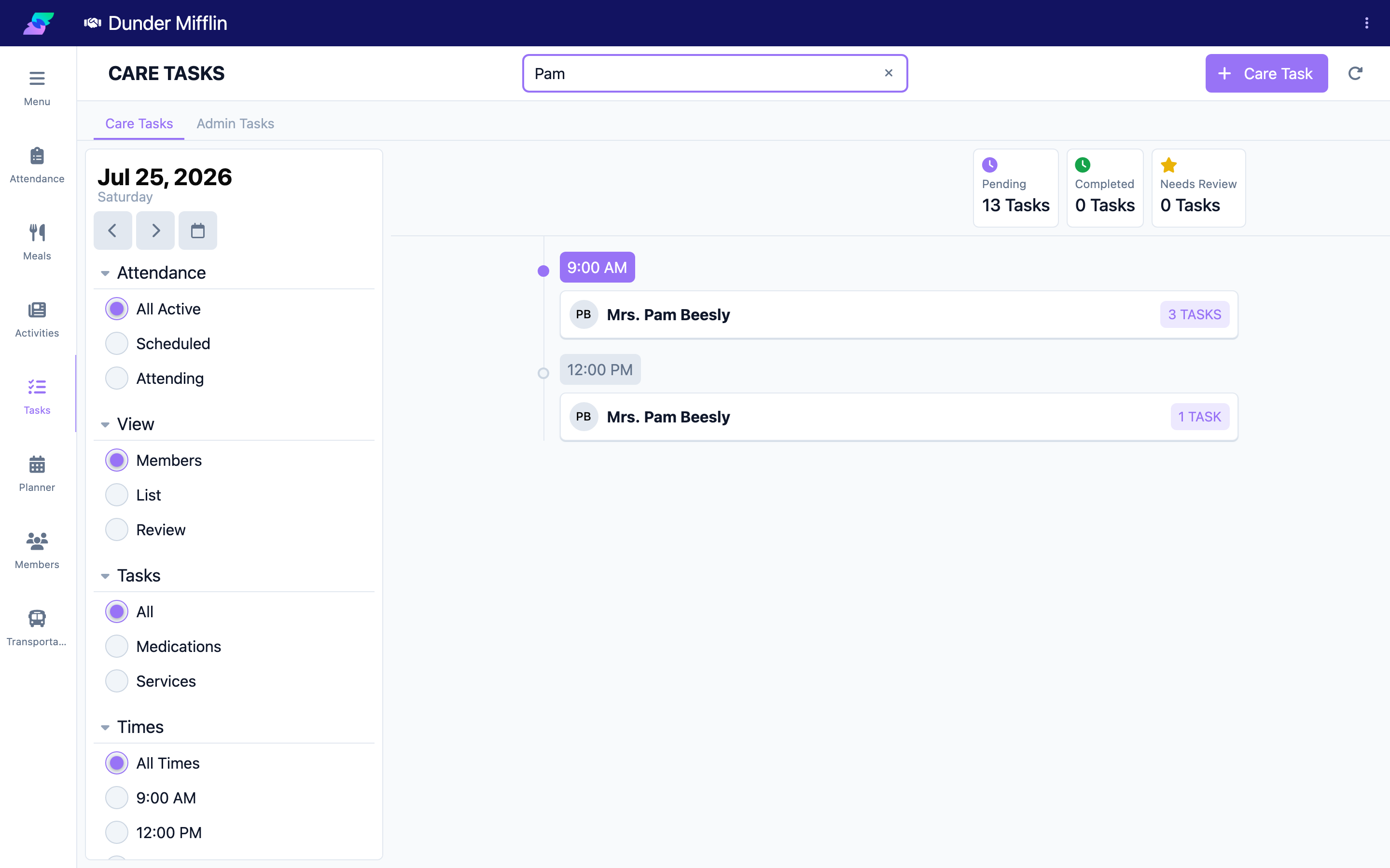 Filtered Care Tasks list