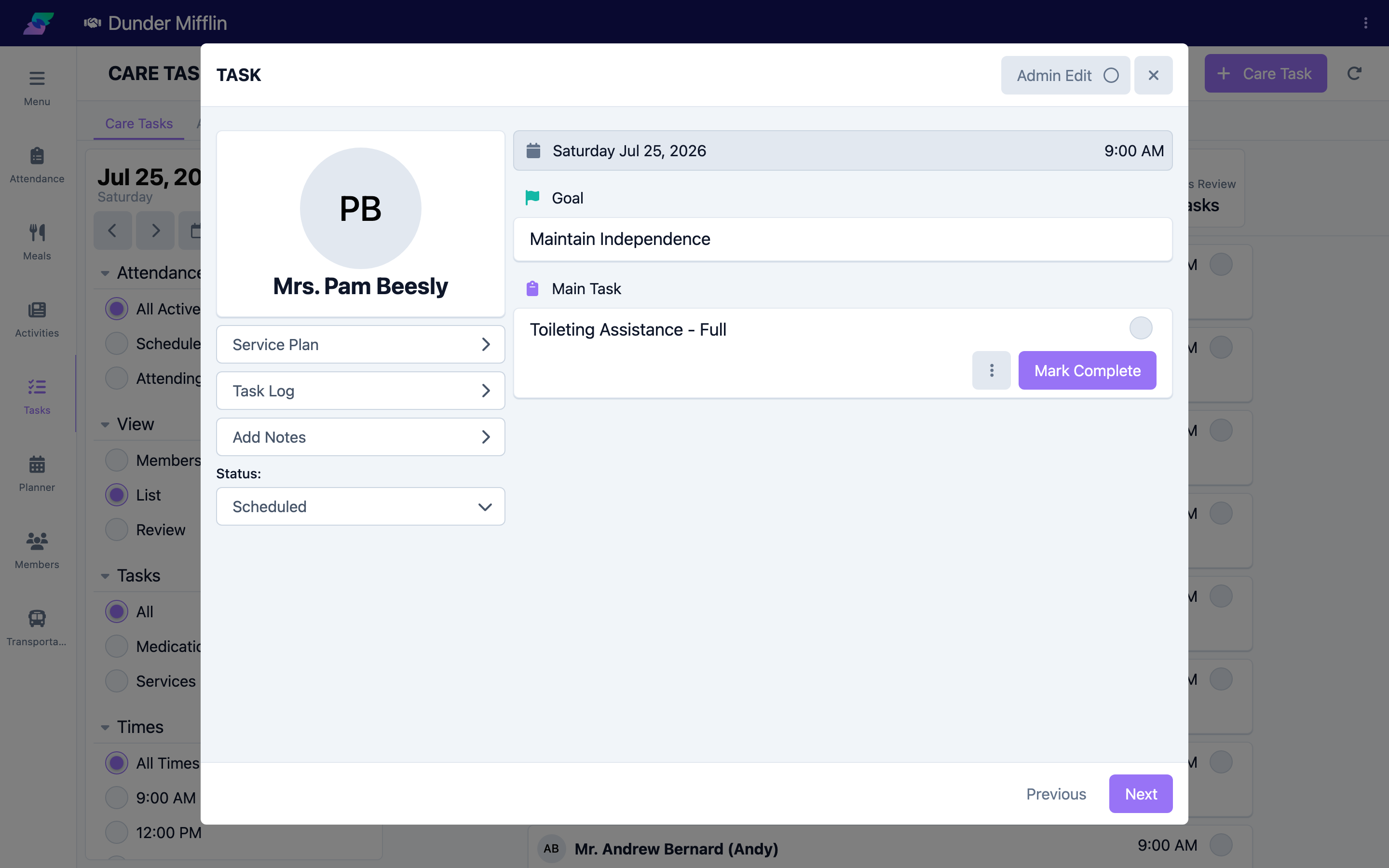 Care task detail open