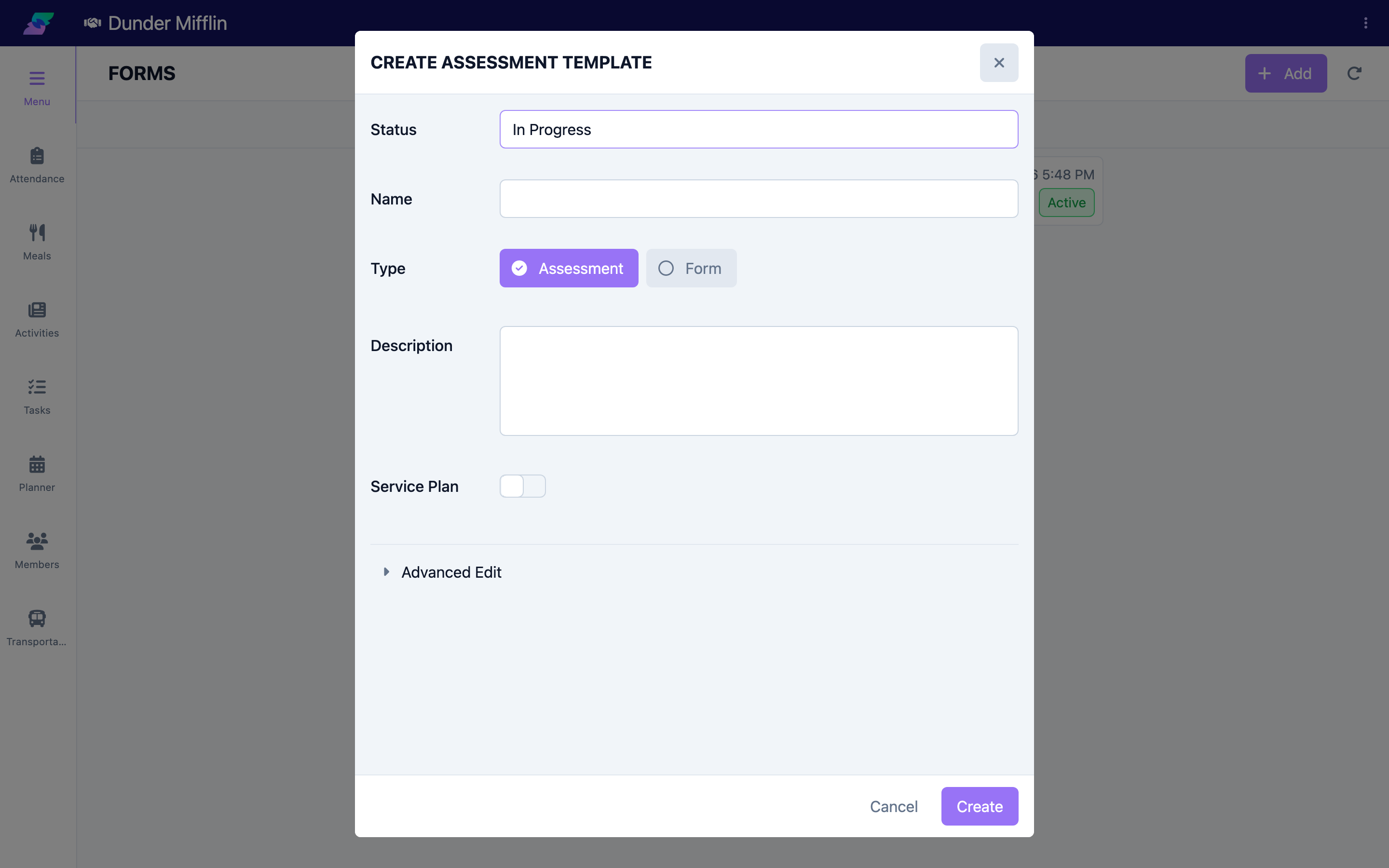Template details dialog with Status, Name, Type, and Service Plan