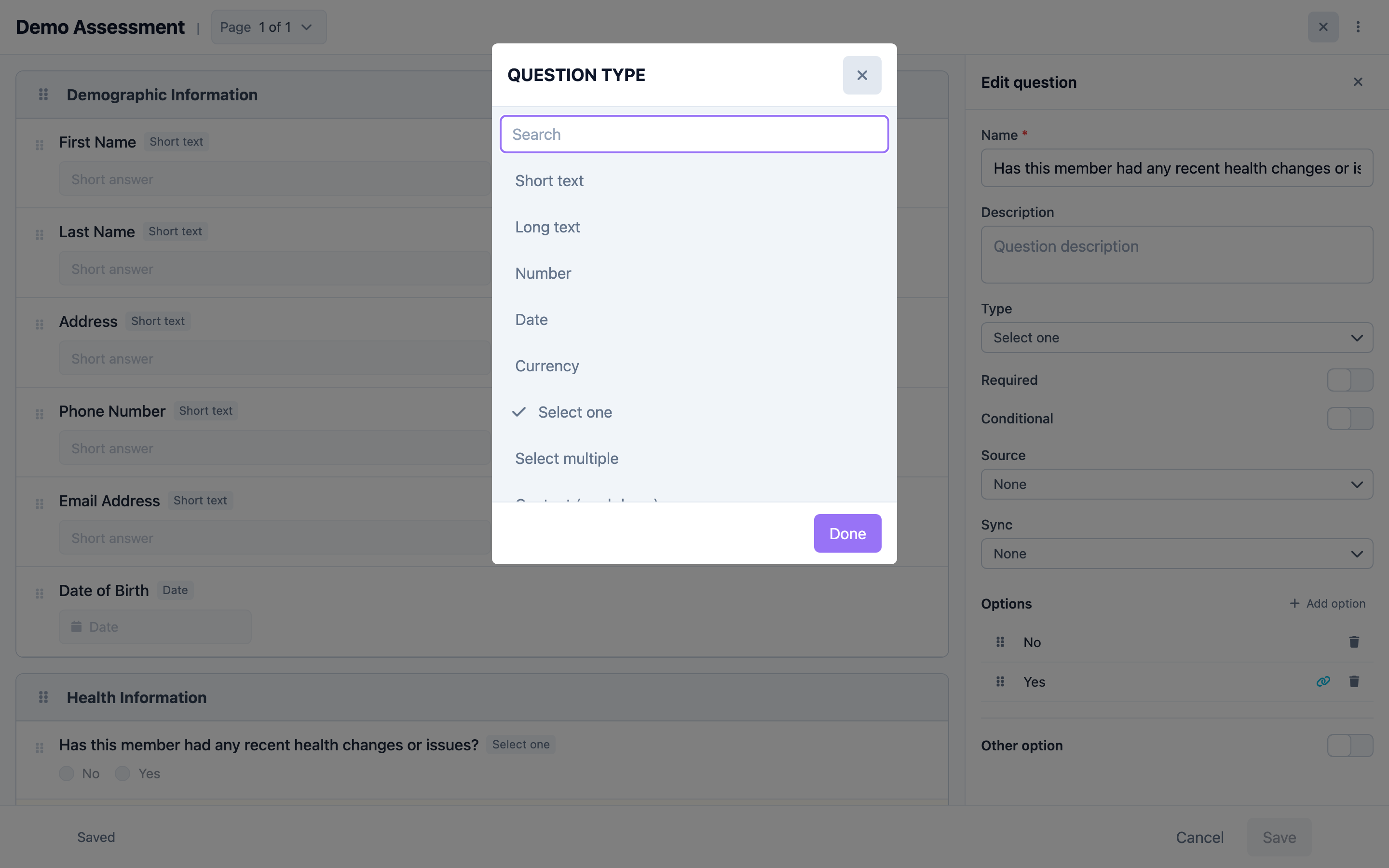 Question type picker and question settings