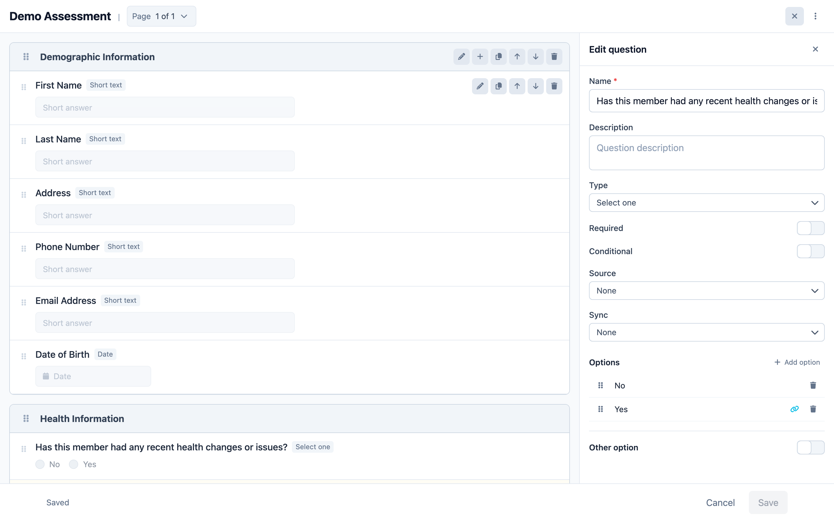 Source and Sync selectors on a question