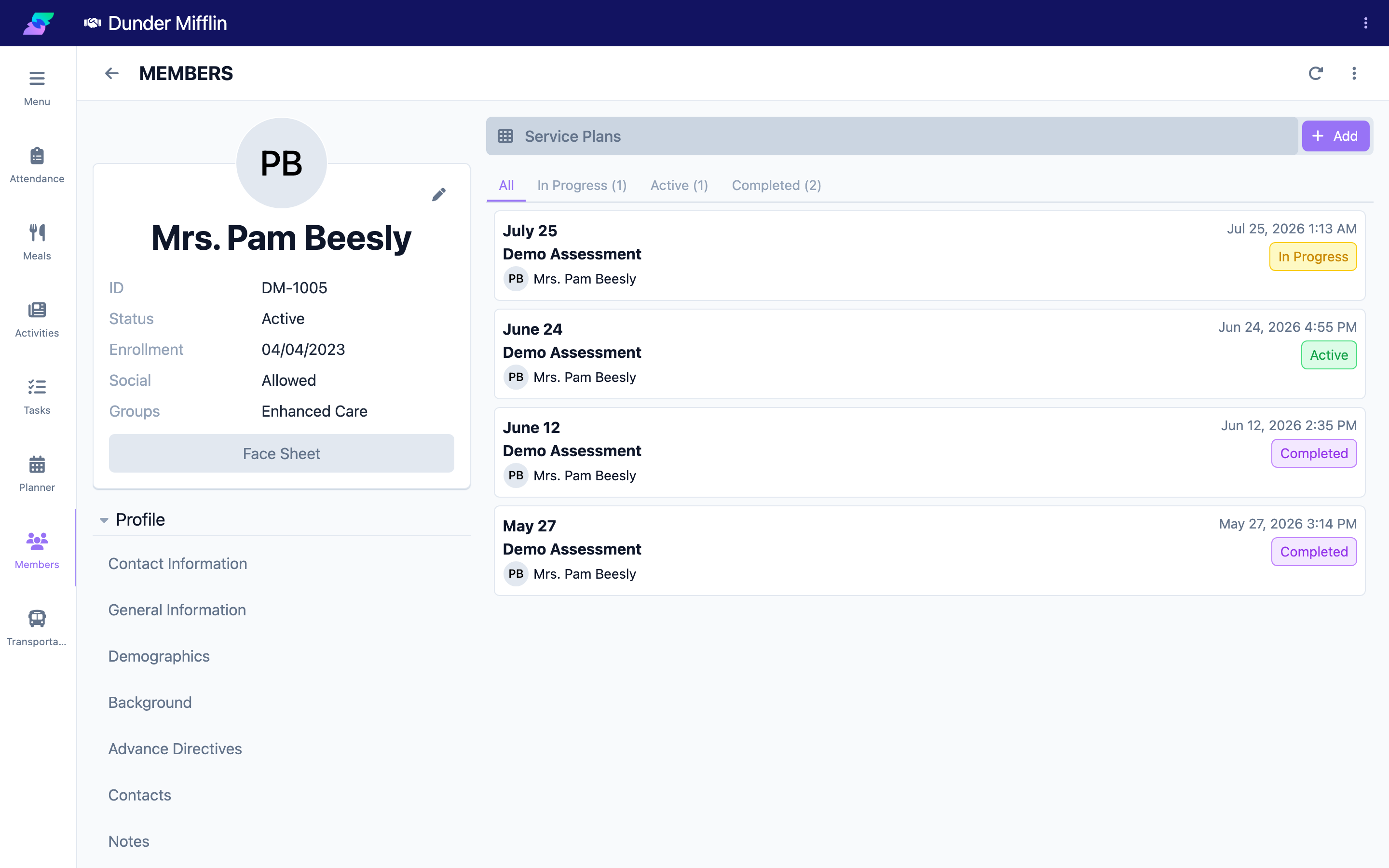Member profile Service Plans tab