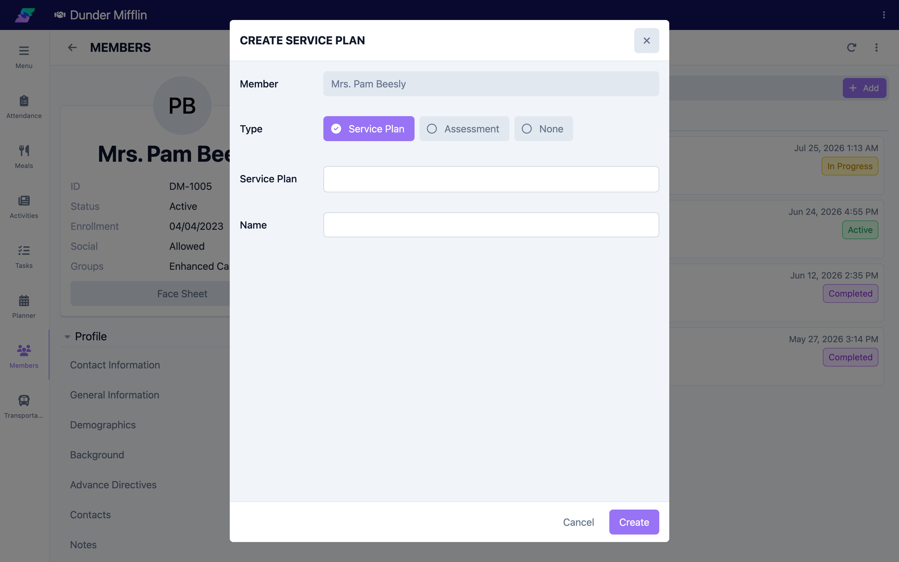 Service Plan dialog with Type, template/assessment picker, and Name