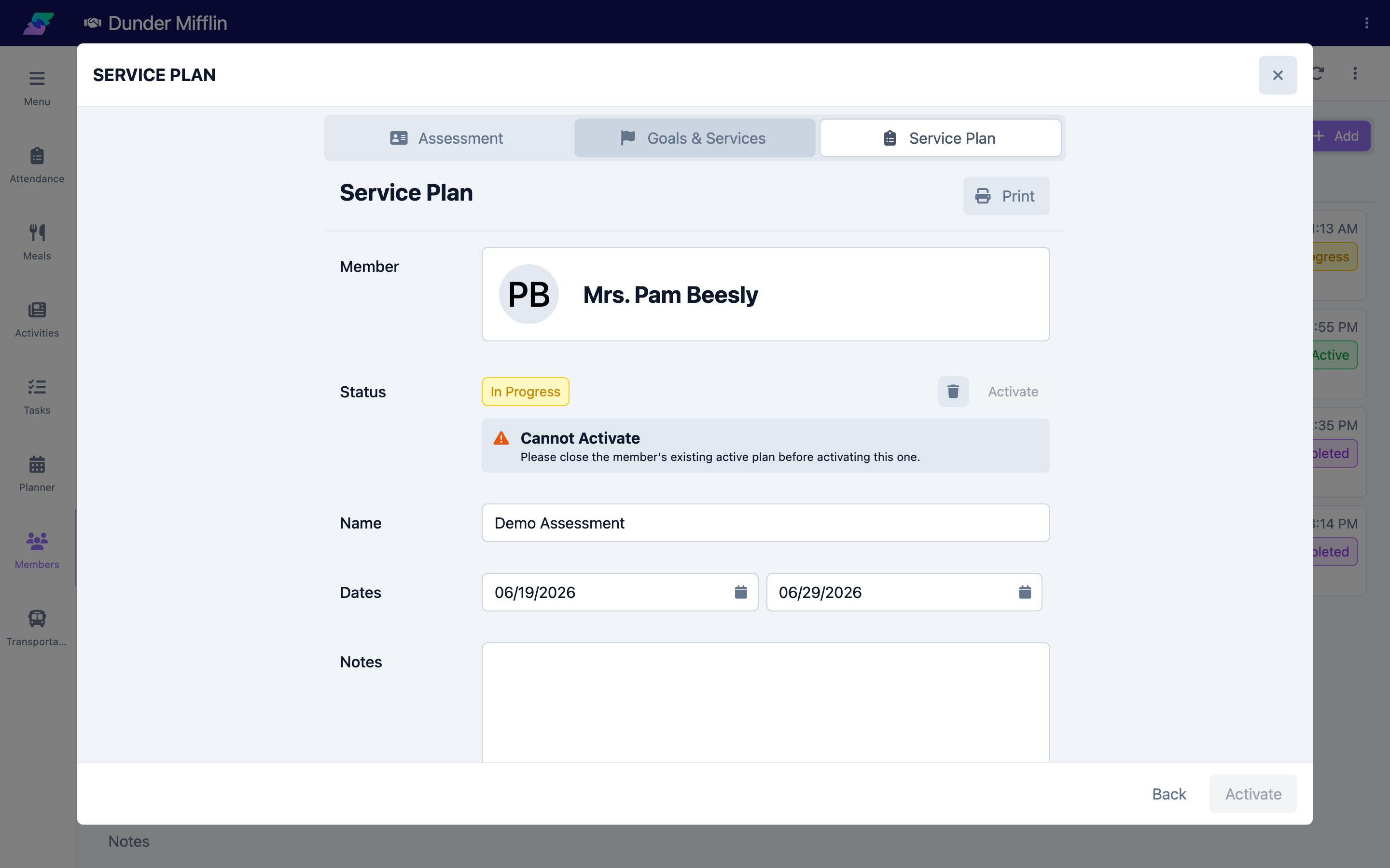 Service Plan tab showing name, dates, and notes