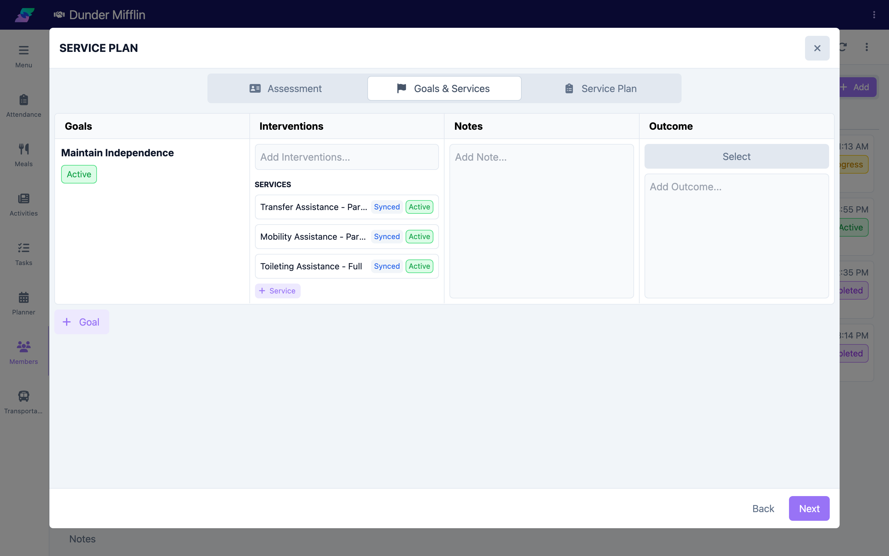 Goals & Services tab with Add Goal