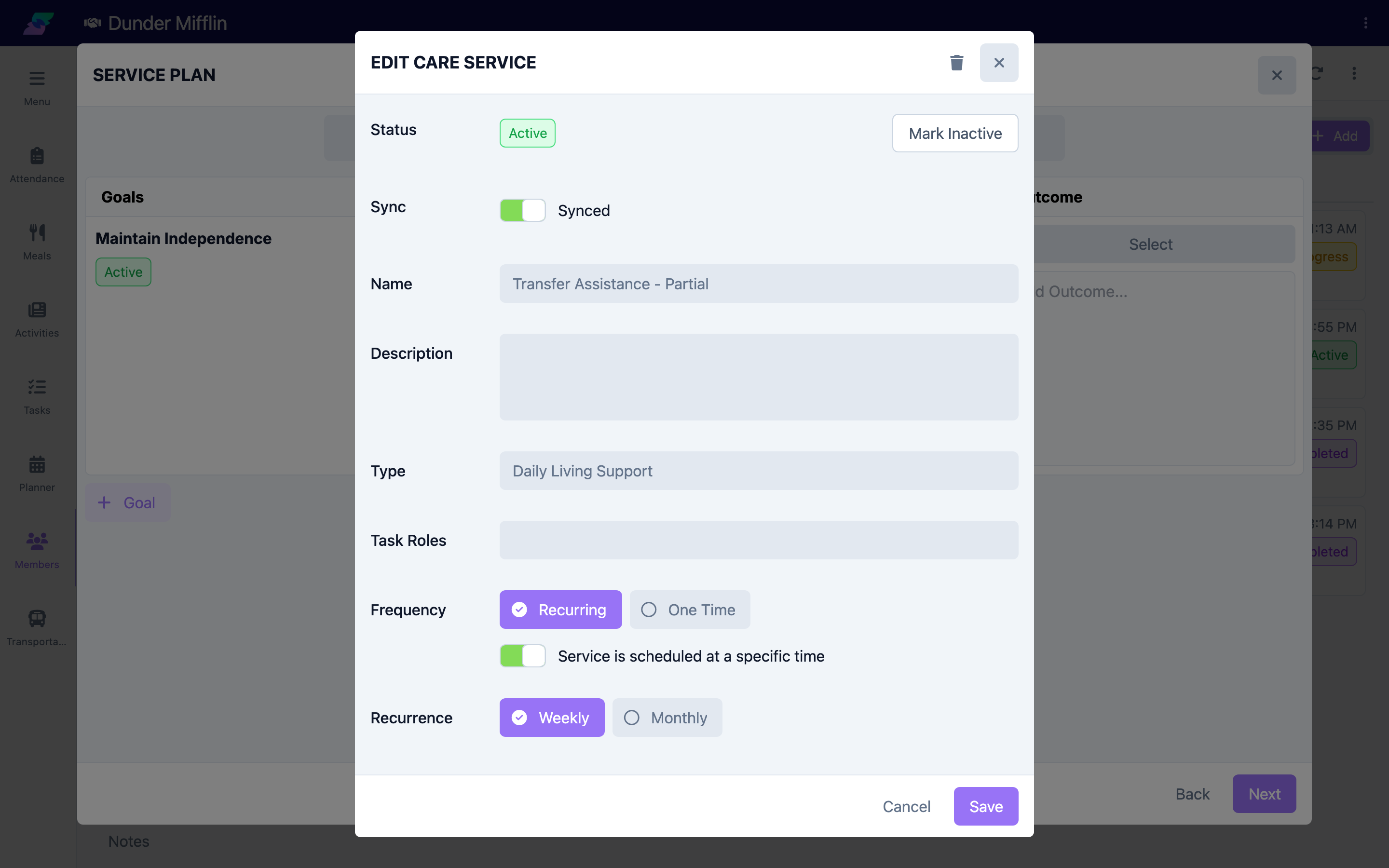 Service added under a goal with scheduling options
