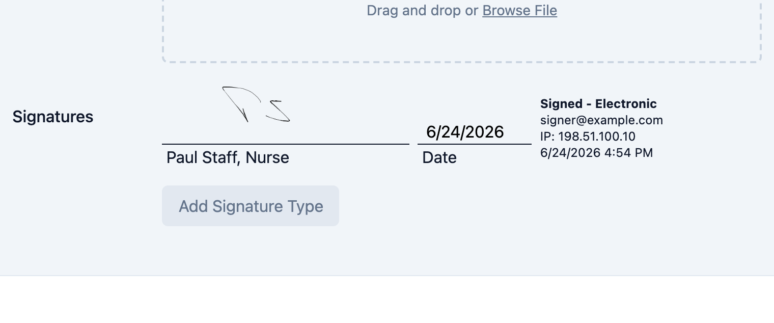 Signatures section on a record