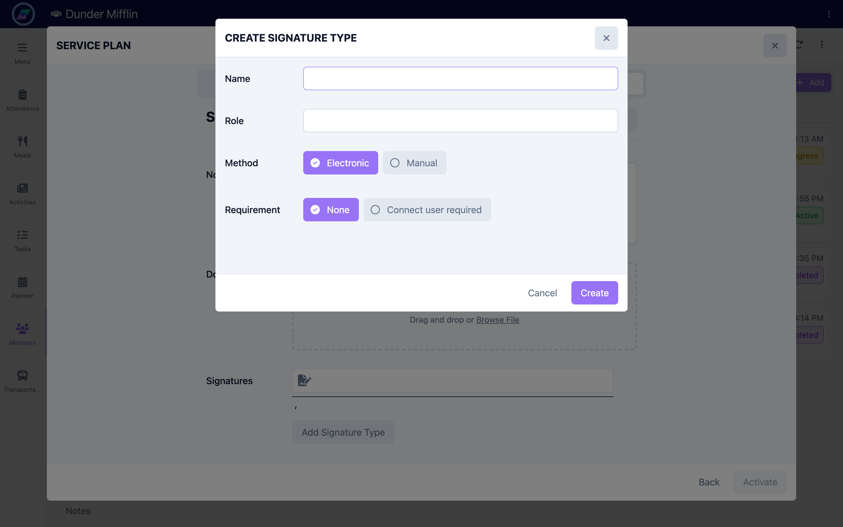 Add Signature Type dialog with Name, Role, Method, and Requirement