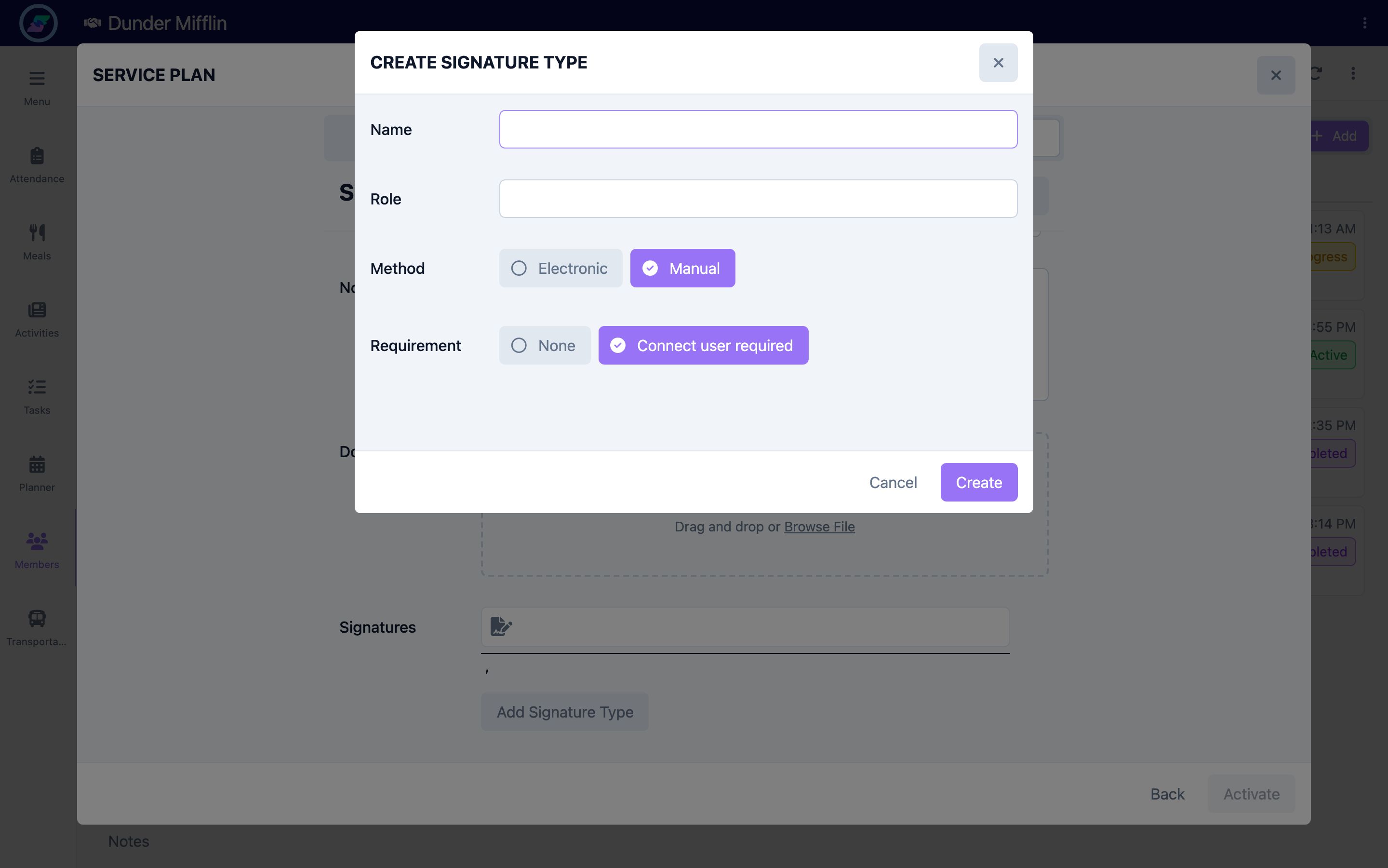 Signature type set to Connect user required