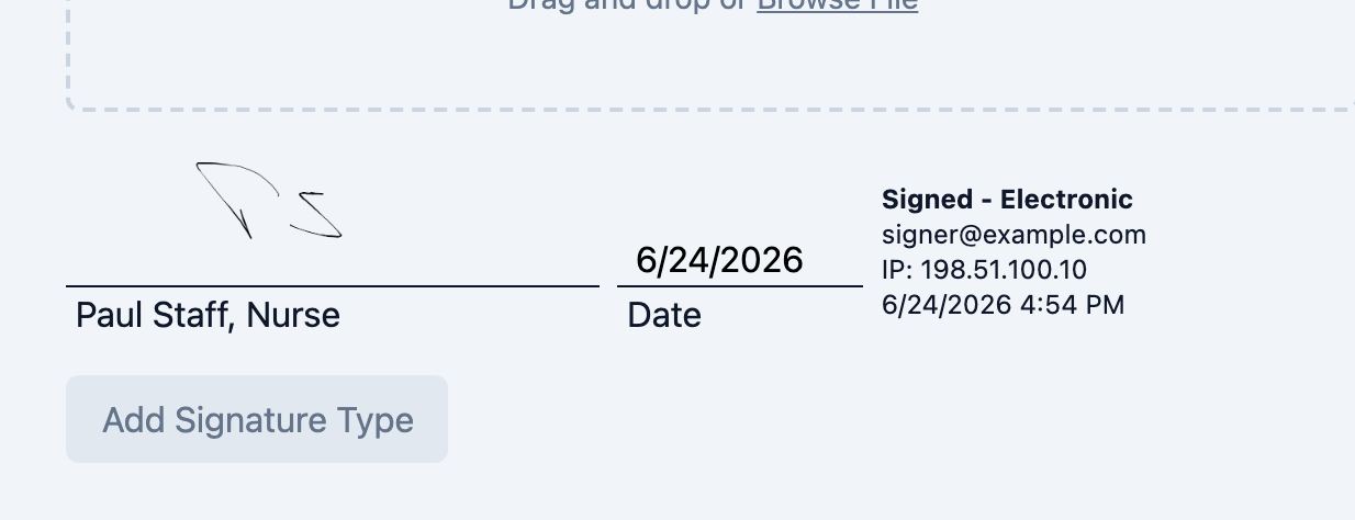 Completed signature showing method, email, IP, and timestamp