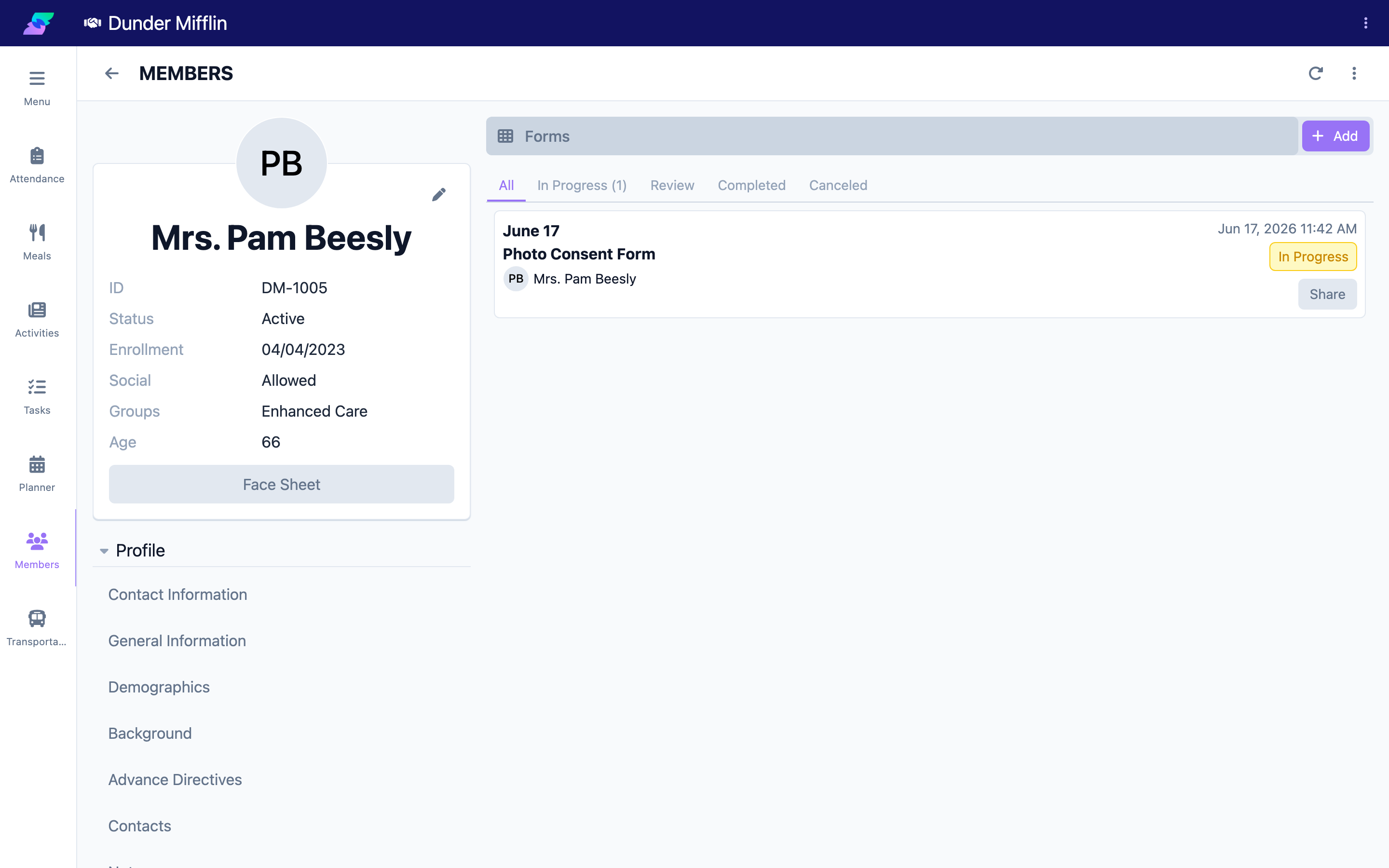 Forms tab with the Share option