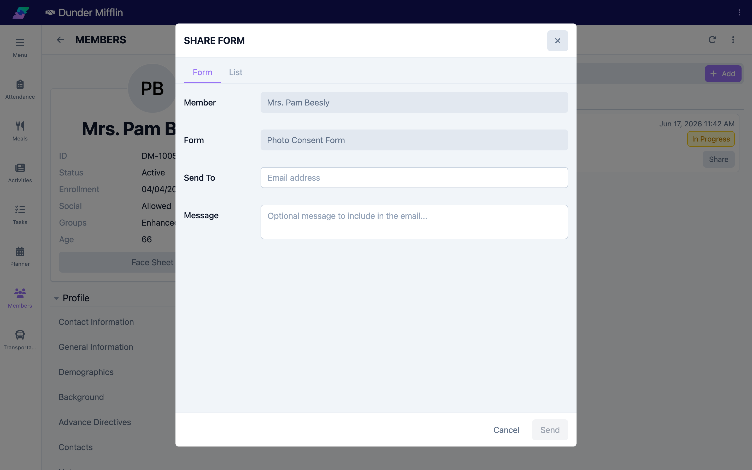 Share Form dialog with Member, Form, Send To, and Message