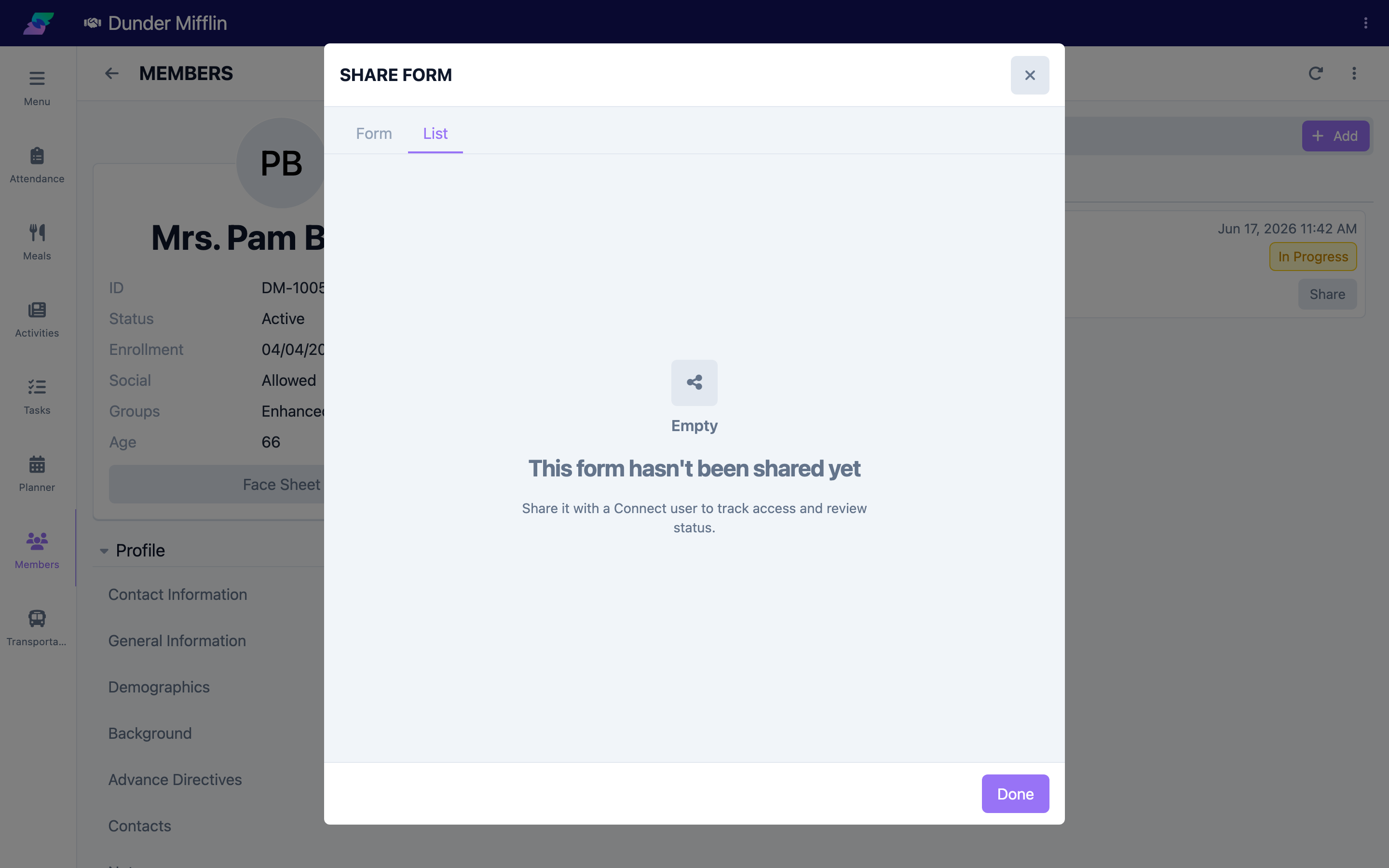 Shared list showing statuses and Revoke