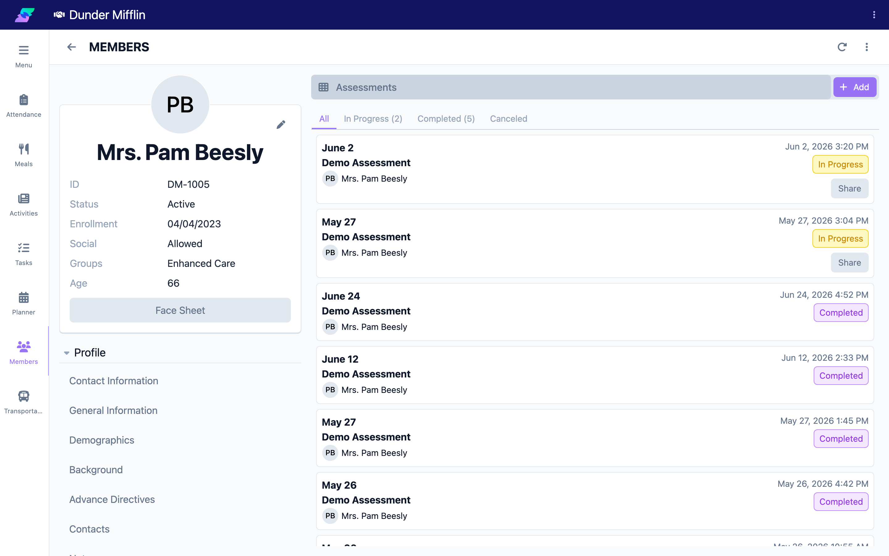 Member profile Care group showing the Assessments tab