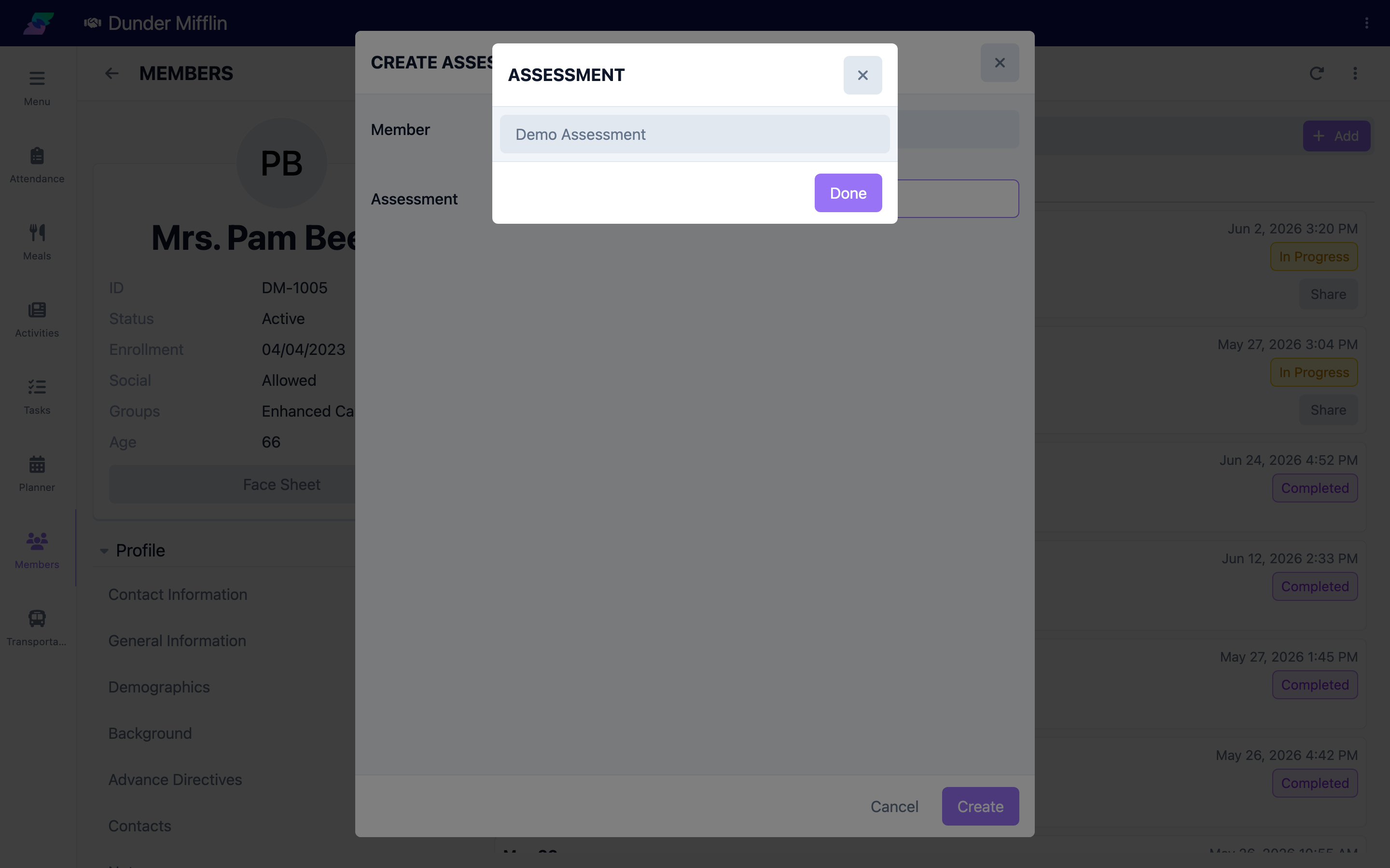 Add assessment dialog with the template picker