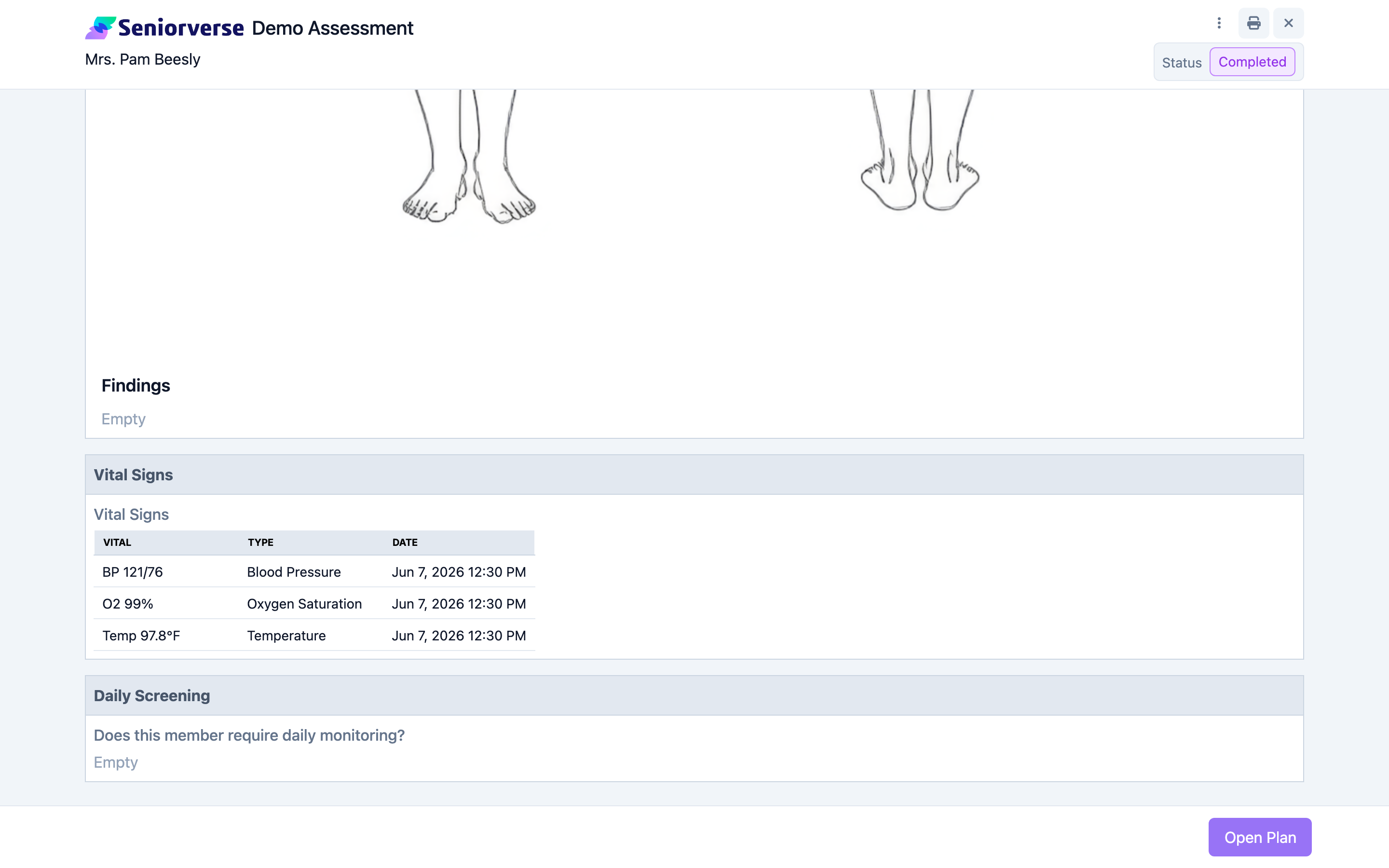 Completed assessment with the Open Plan / Create Plan button