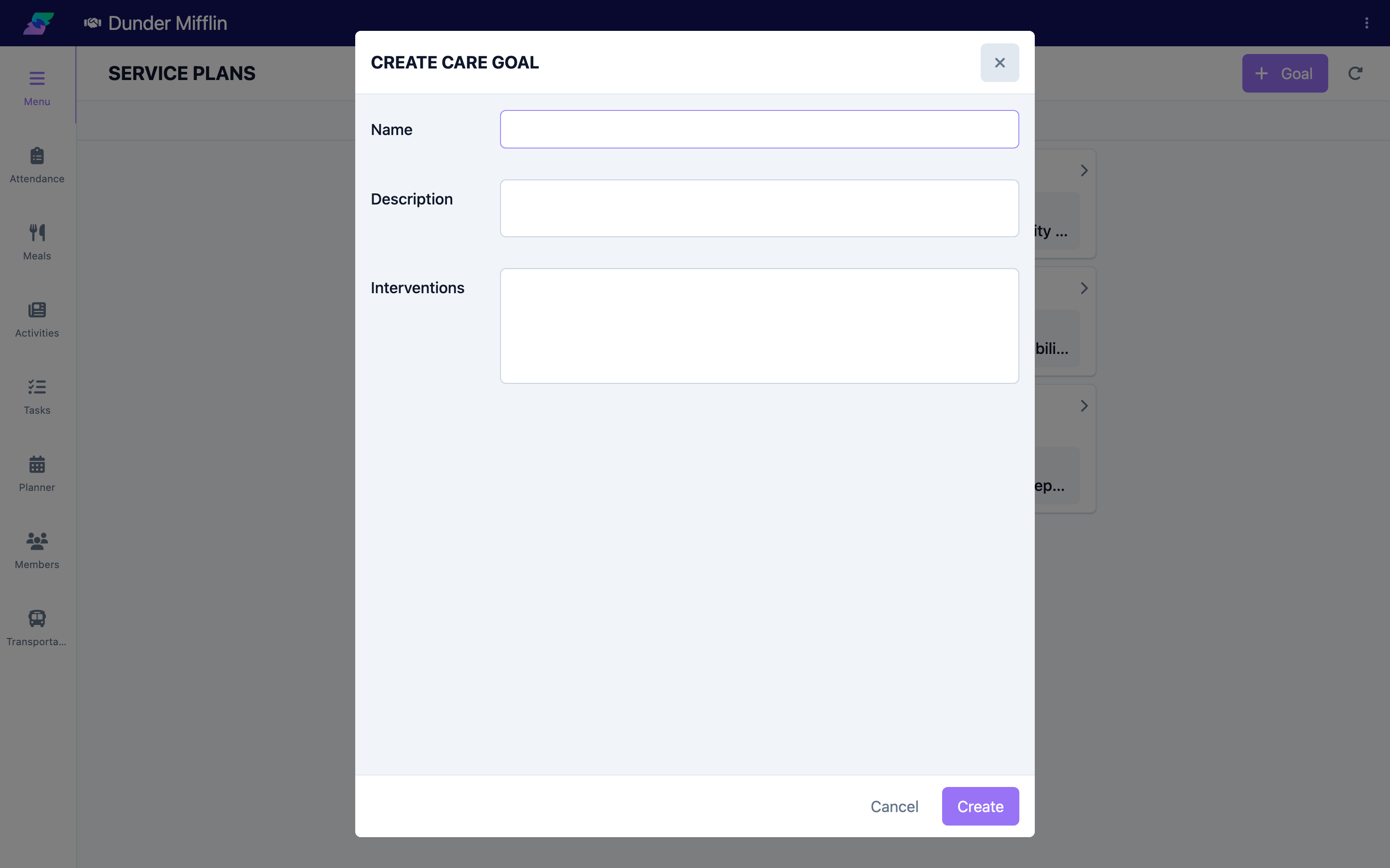 Care Goal form with Name, Description, and Interventions