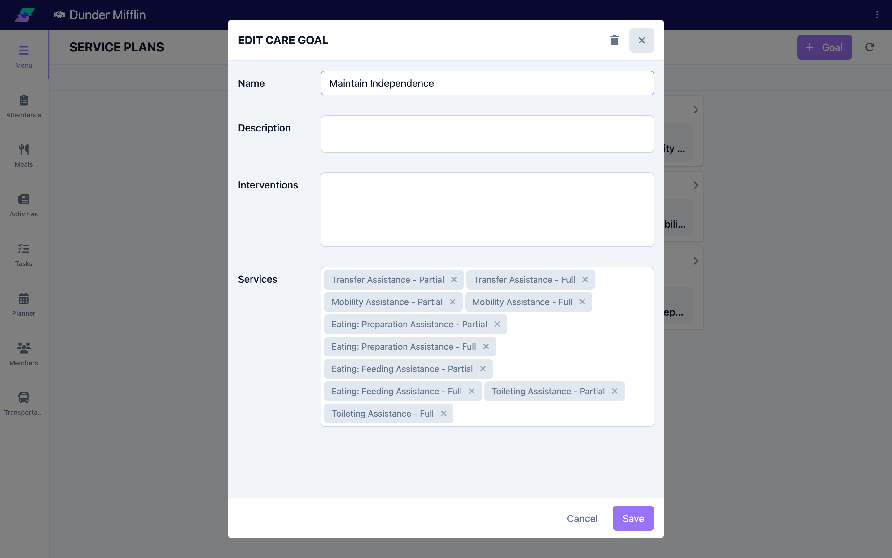 Editing a goal in the Goals library, with linked Services