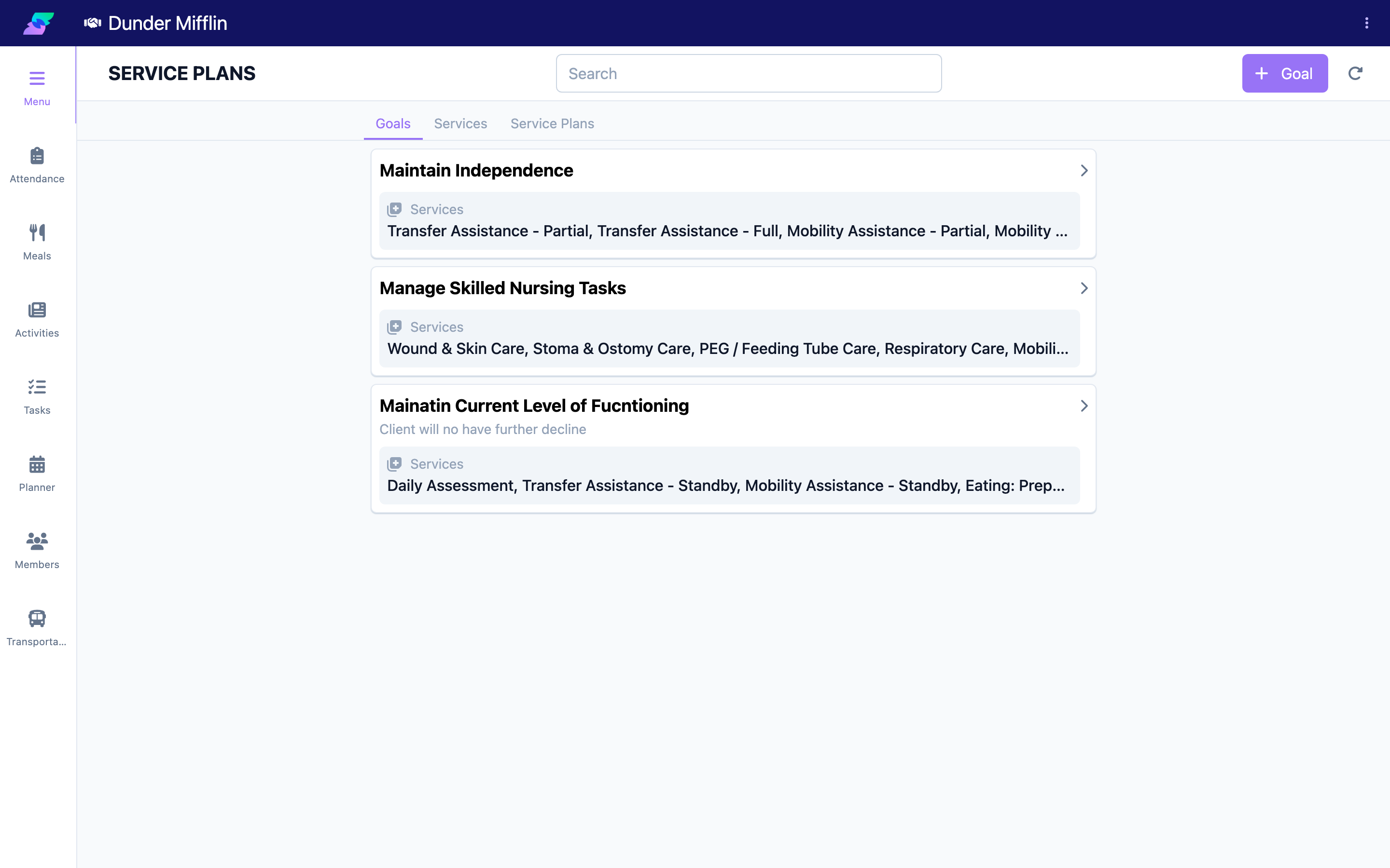 Care Service Plans page tabs