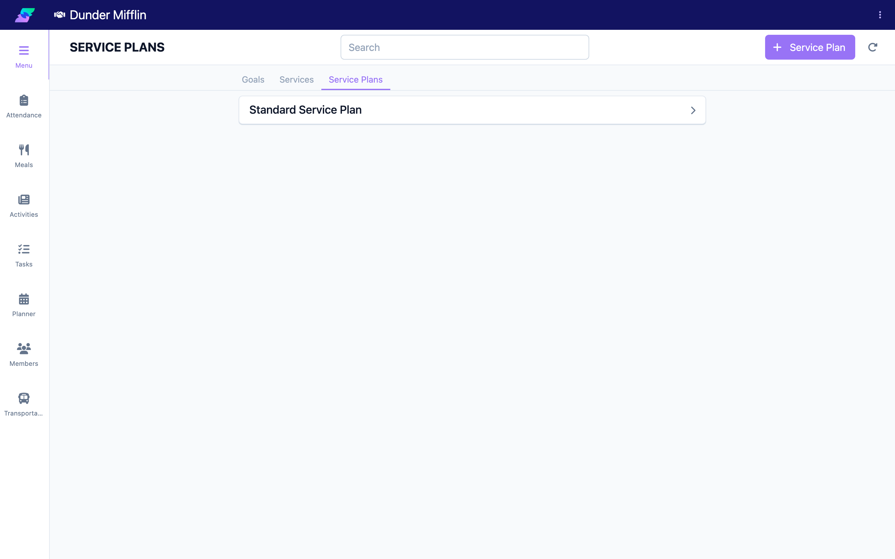 Service Plans tab with the add action