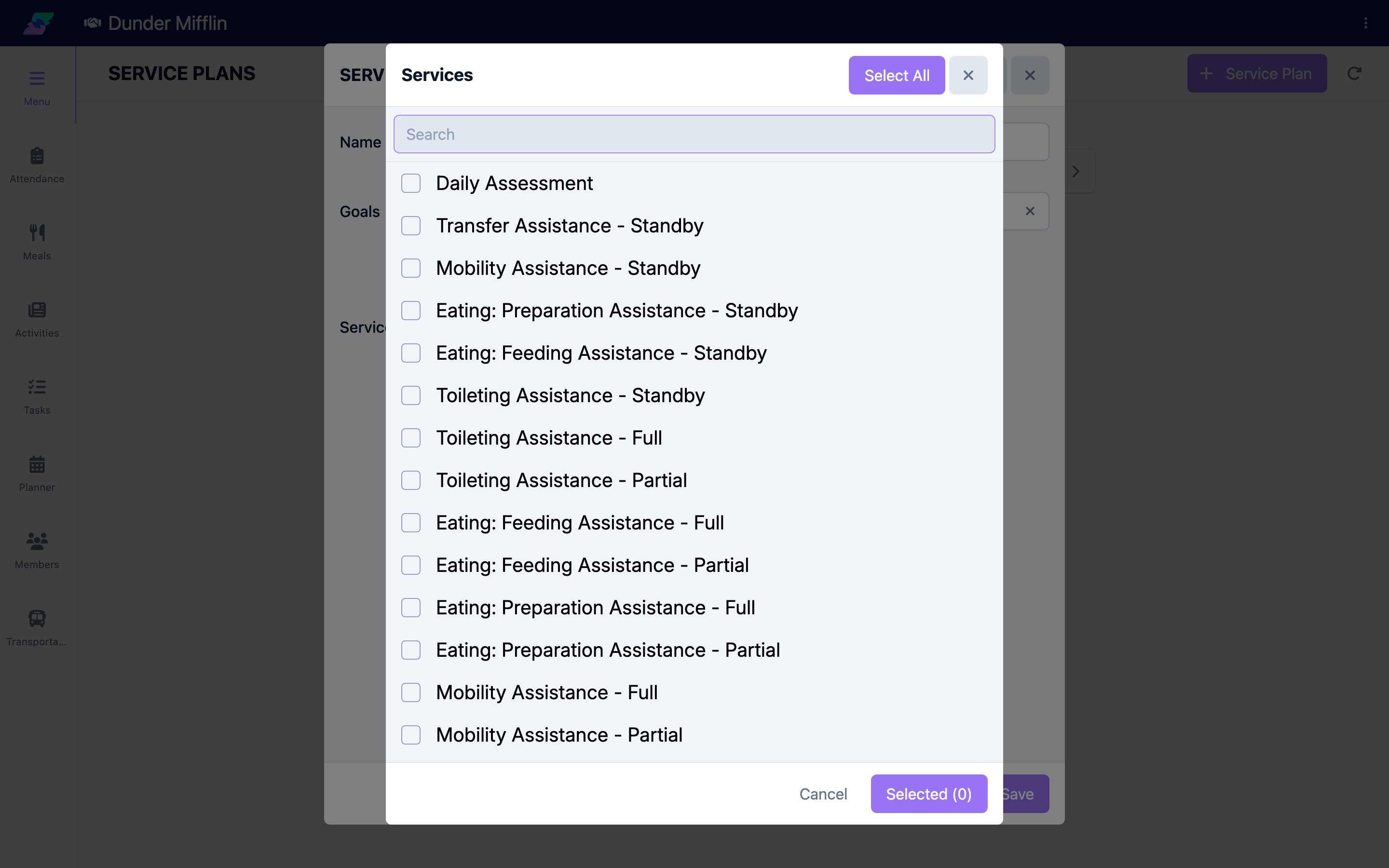 Selecting services from the library