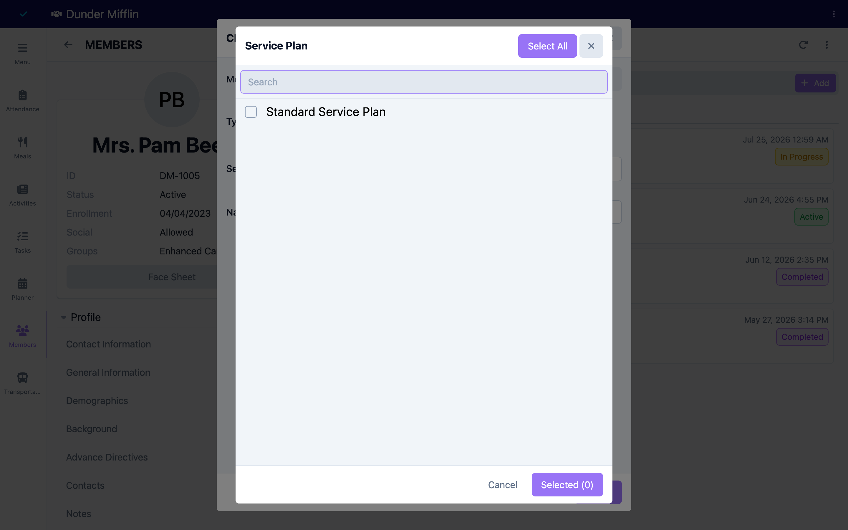 Choosing a template when creating a member's service plan