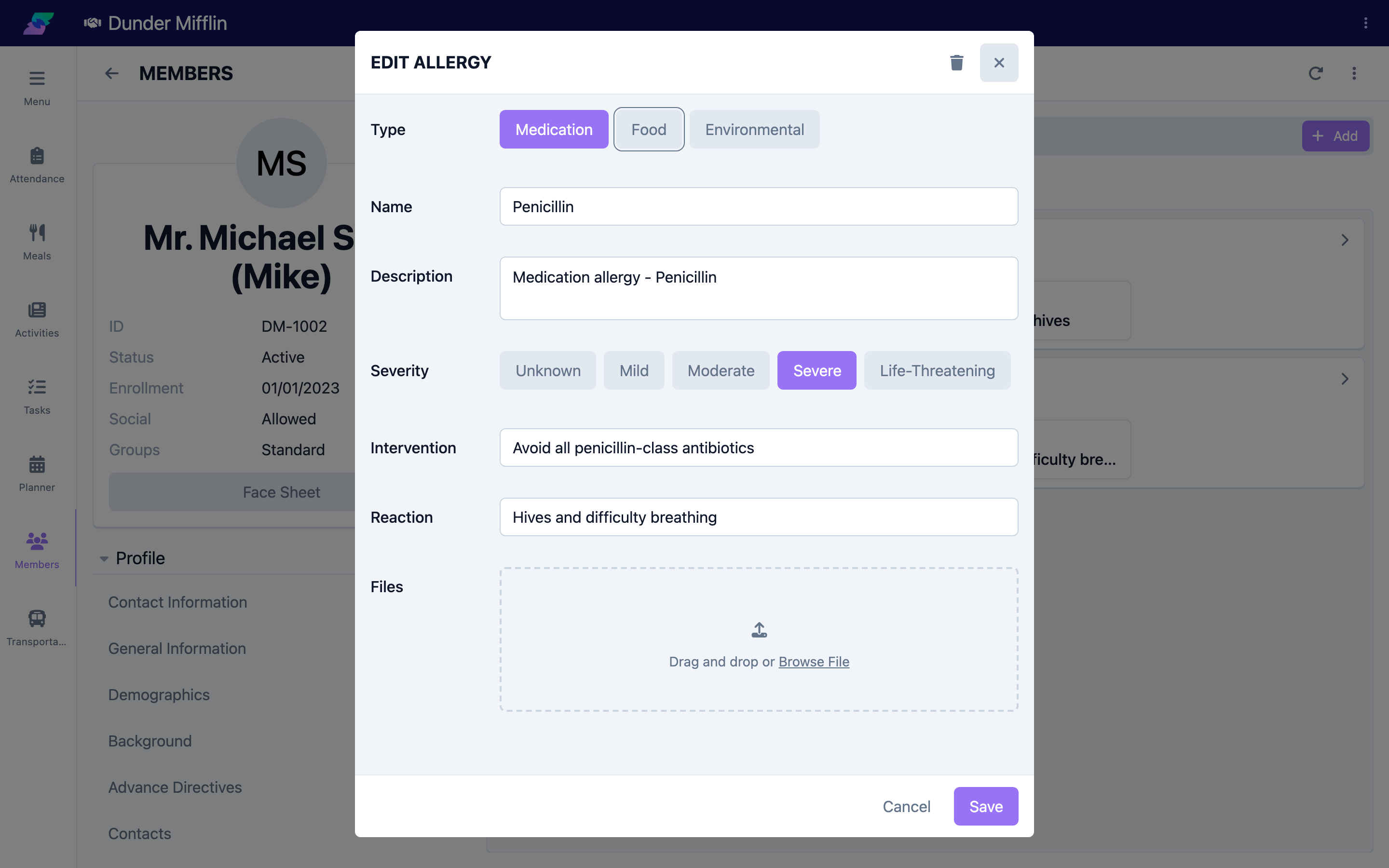 Editing an existing allergy to update its severity