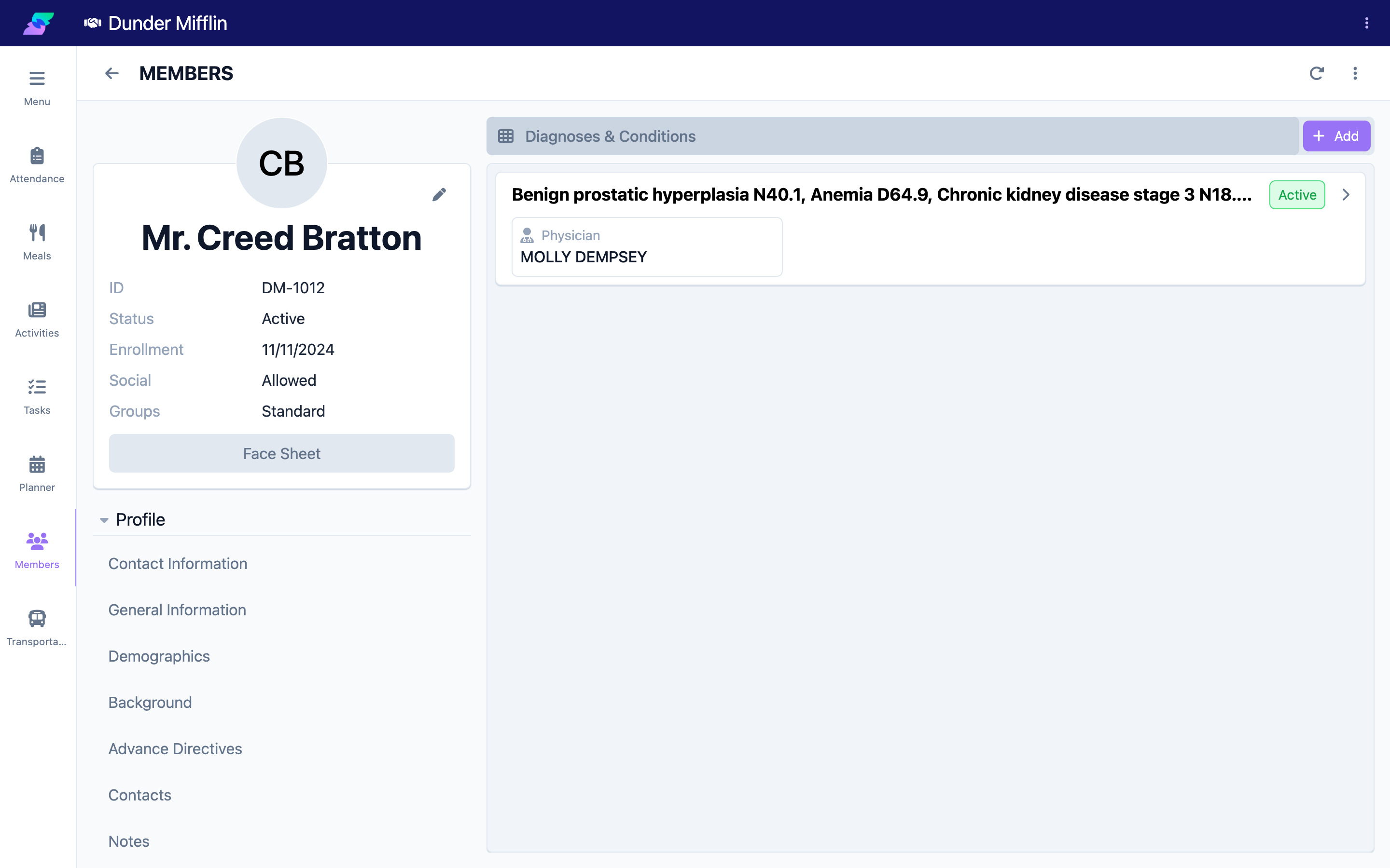 Member profile open to the Diagnoses & Conditions tab