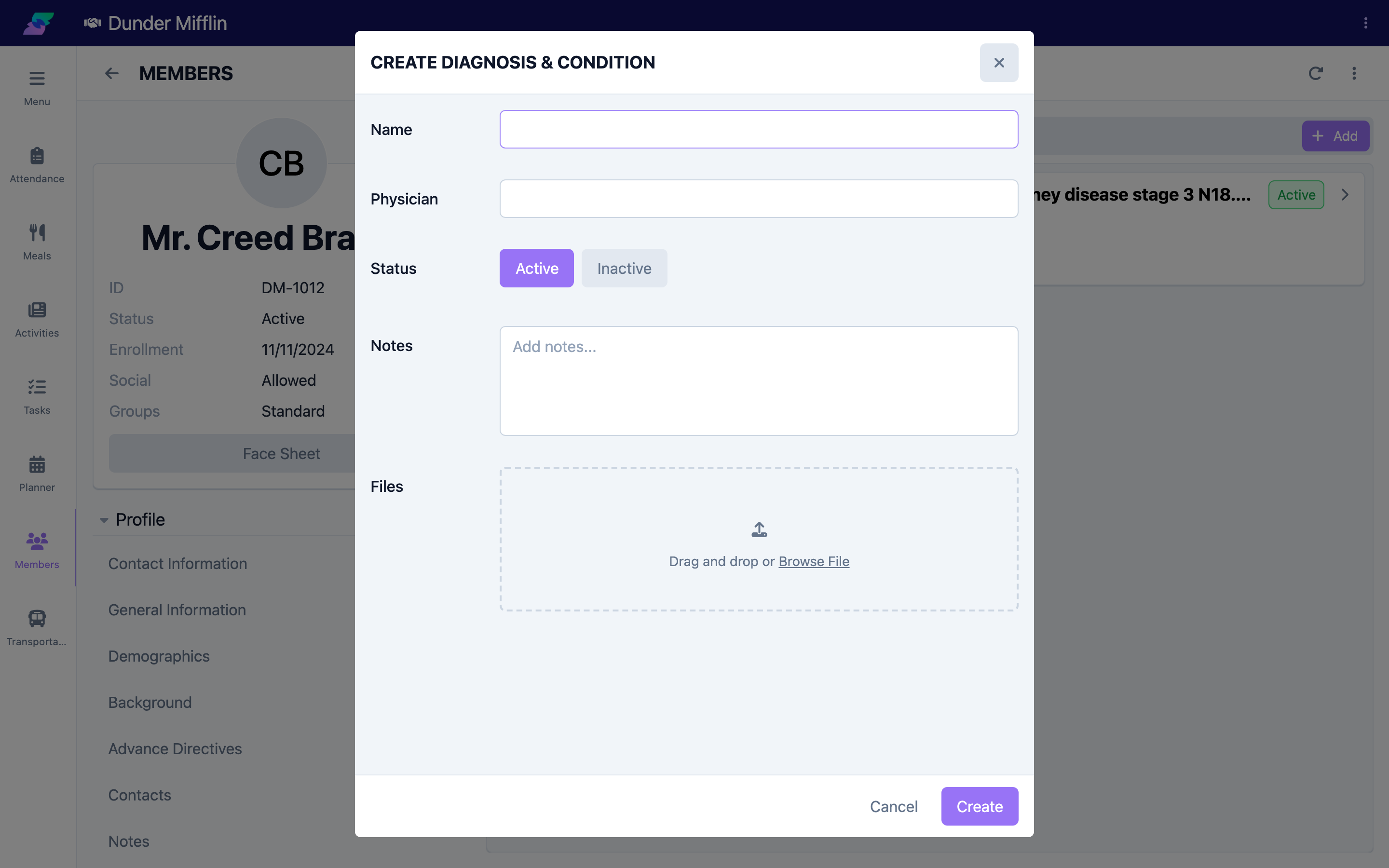 Diagnosis and Condition form opened from the Add button
