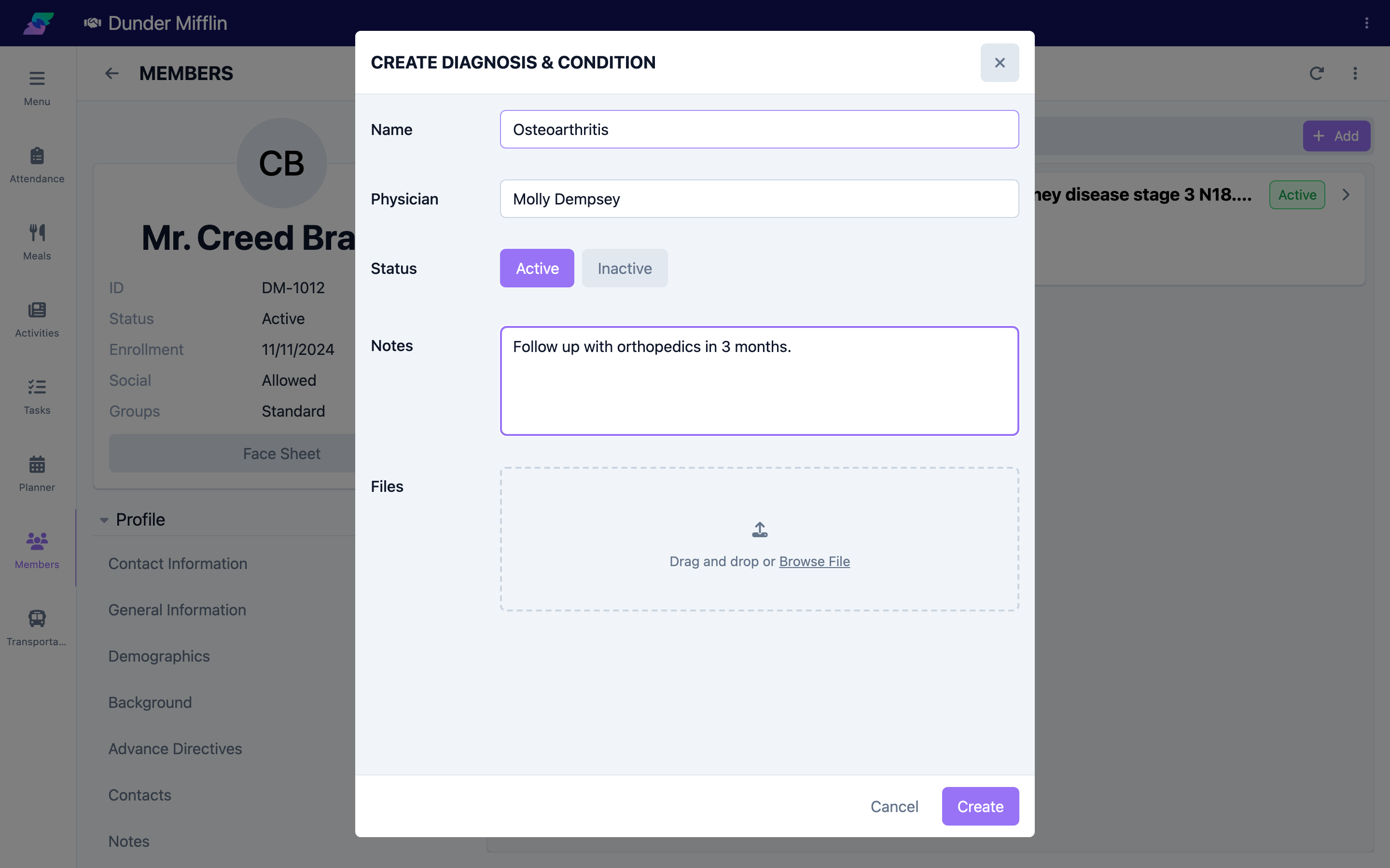 Condition form with Name, Physician, Status, Notes, and Files completed