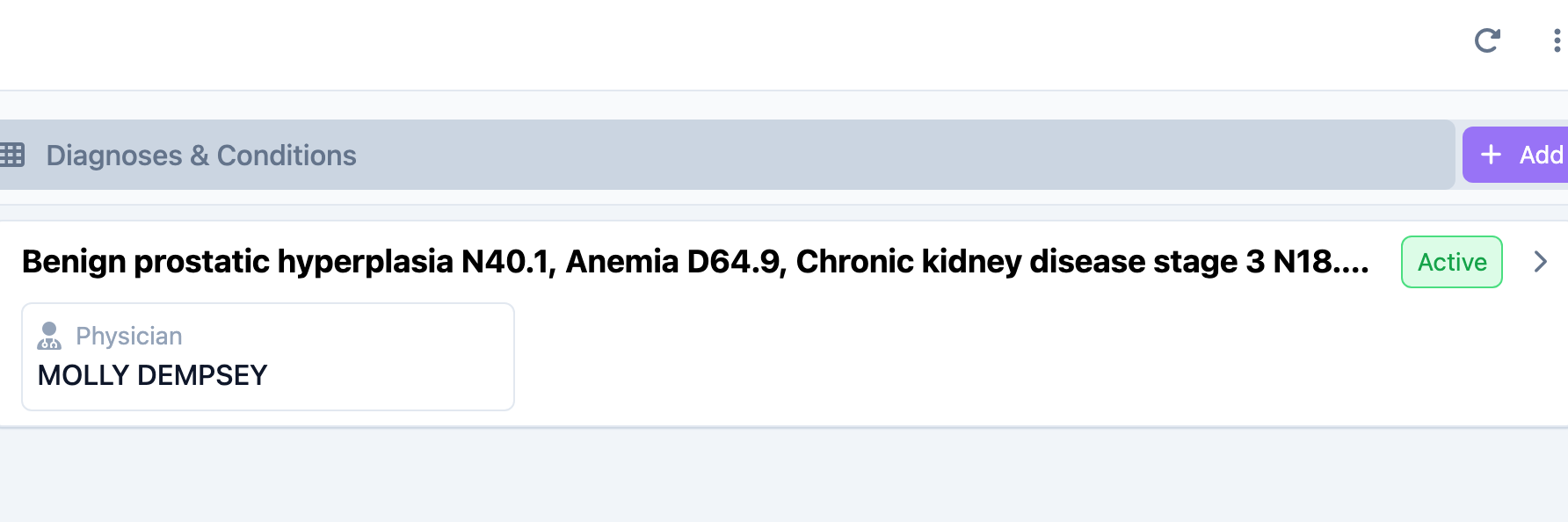 Saved condition shown in the Diagnoses & Conditions list
