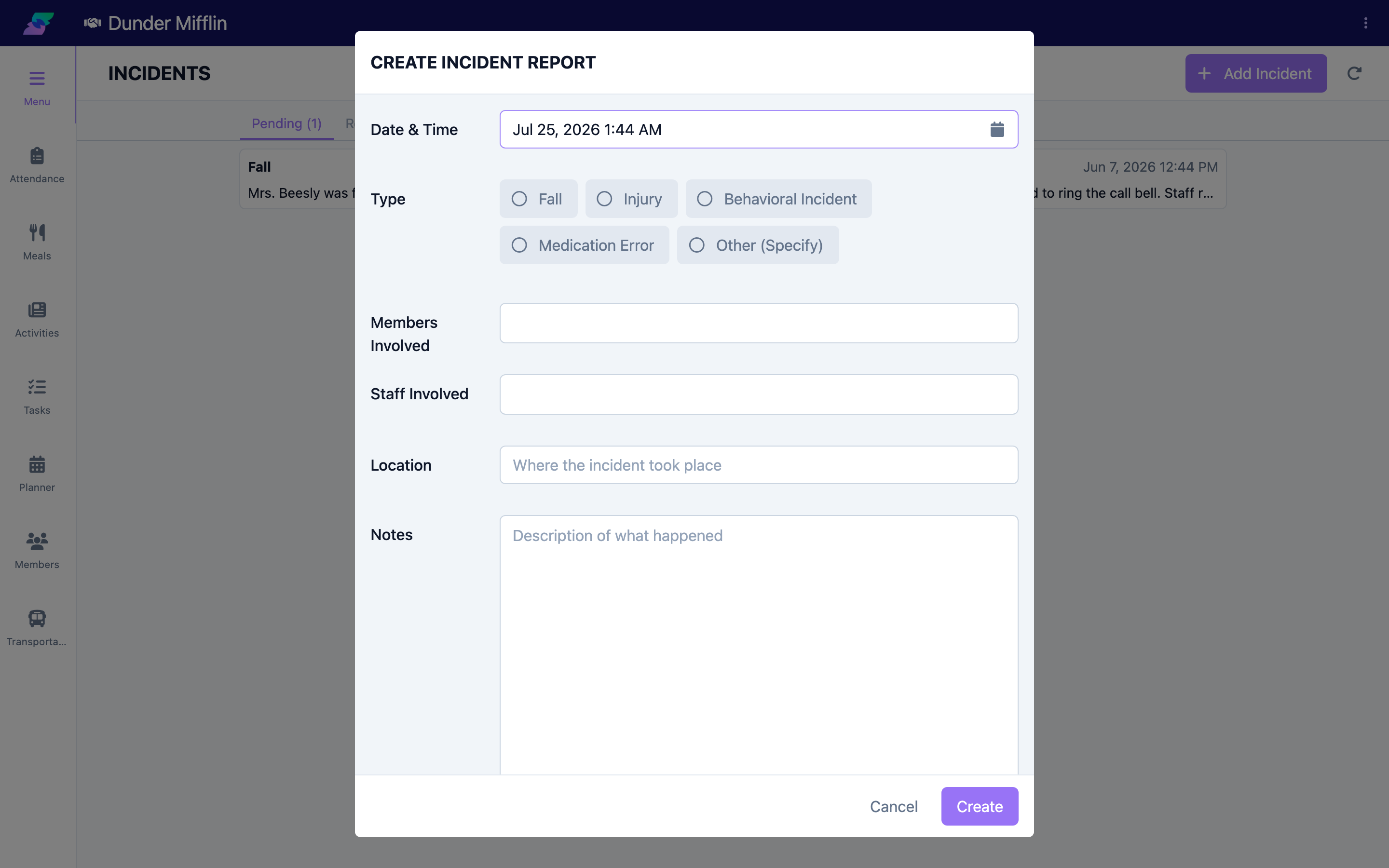 Incident Report form opened from the Incidents page